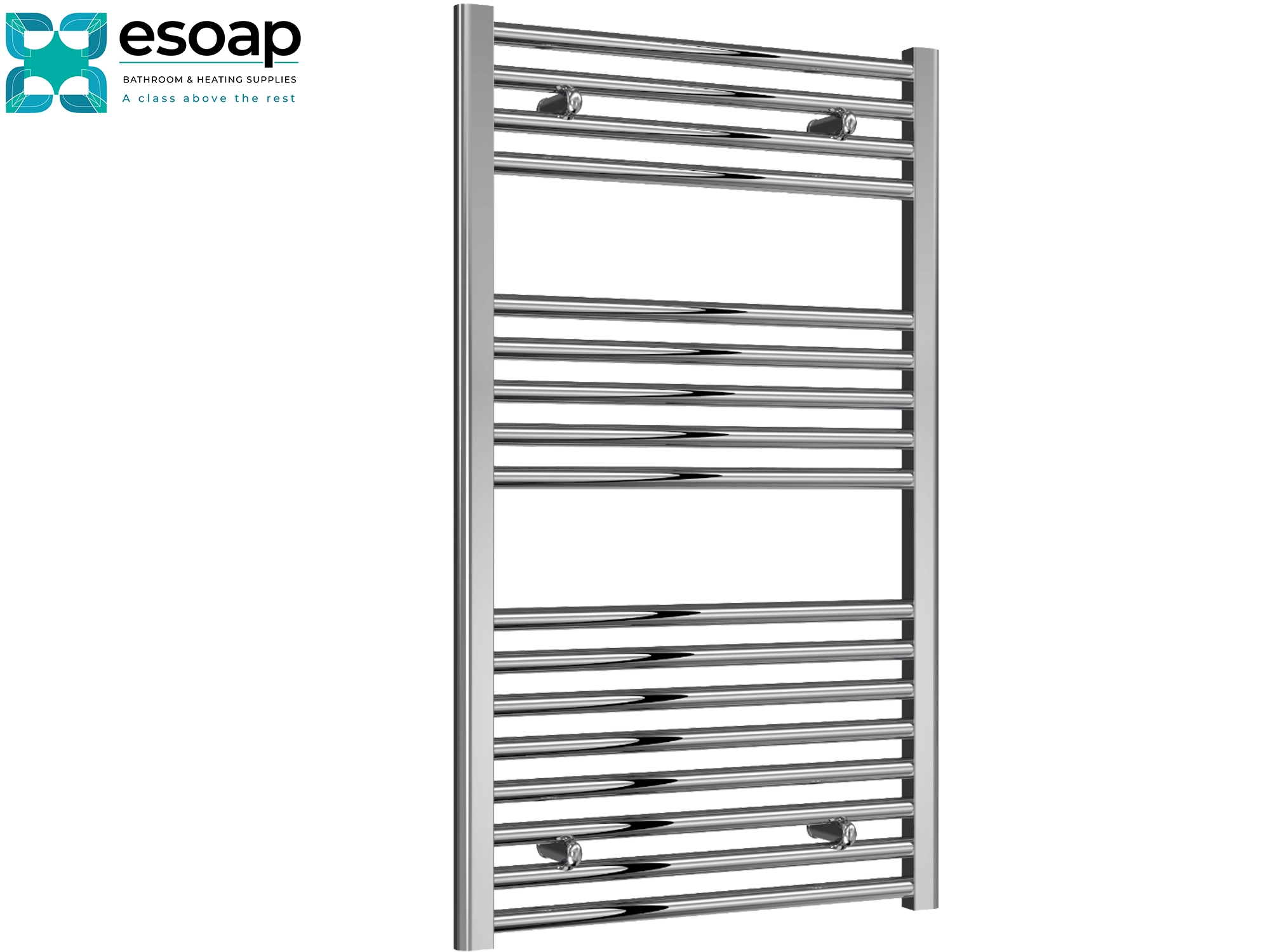 Diva Flat 1000 x 600 Chrome towel radiator on a white background with Esoap branding.