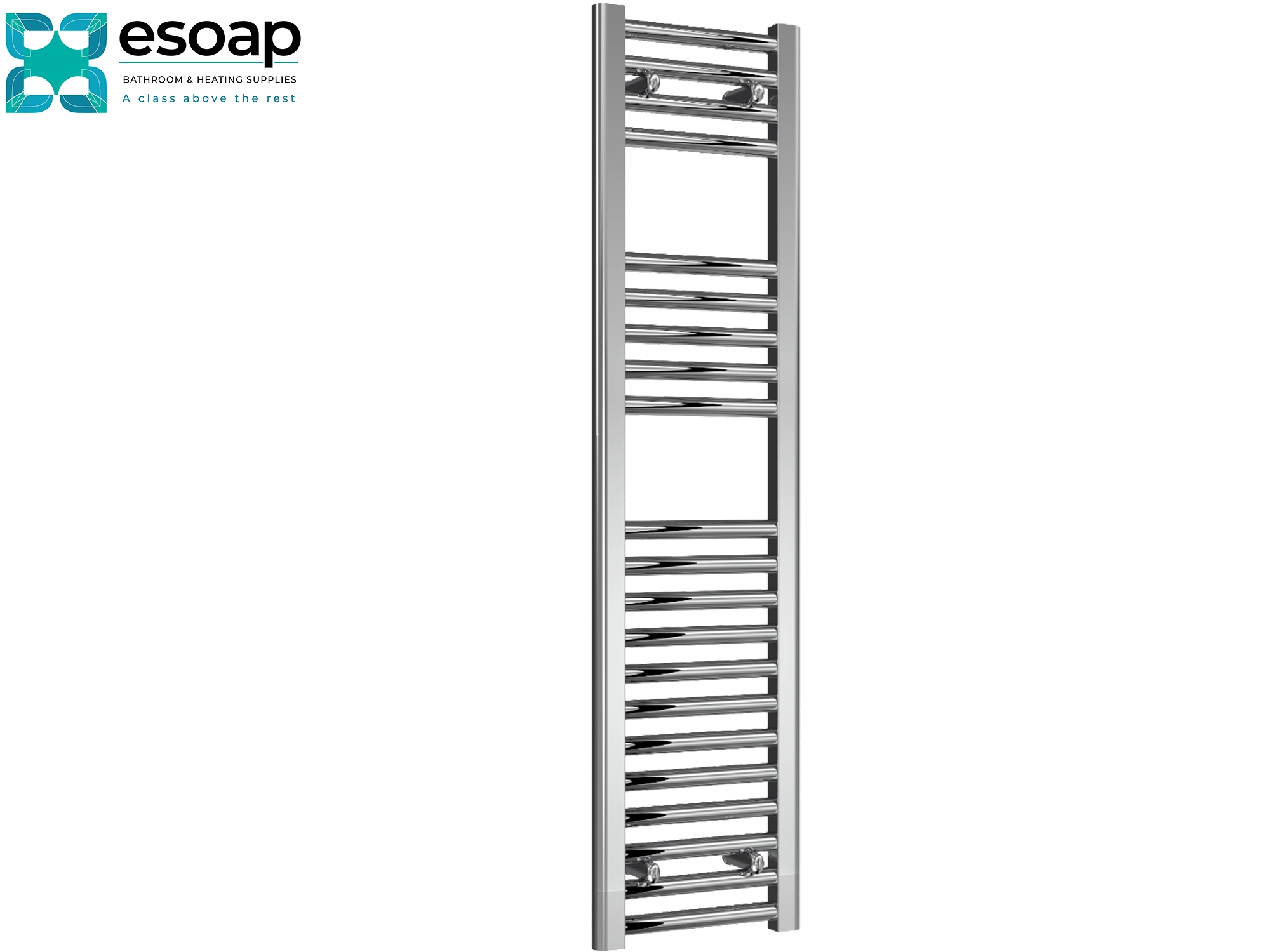 Diva Chrome towel radiator 1200 x 300 on a white background with 'esoap' branding.