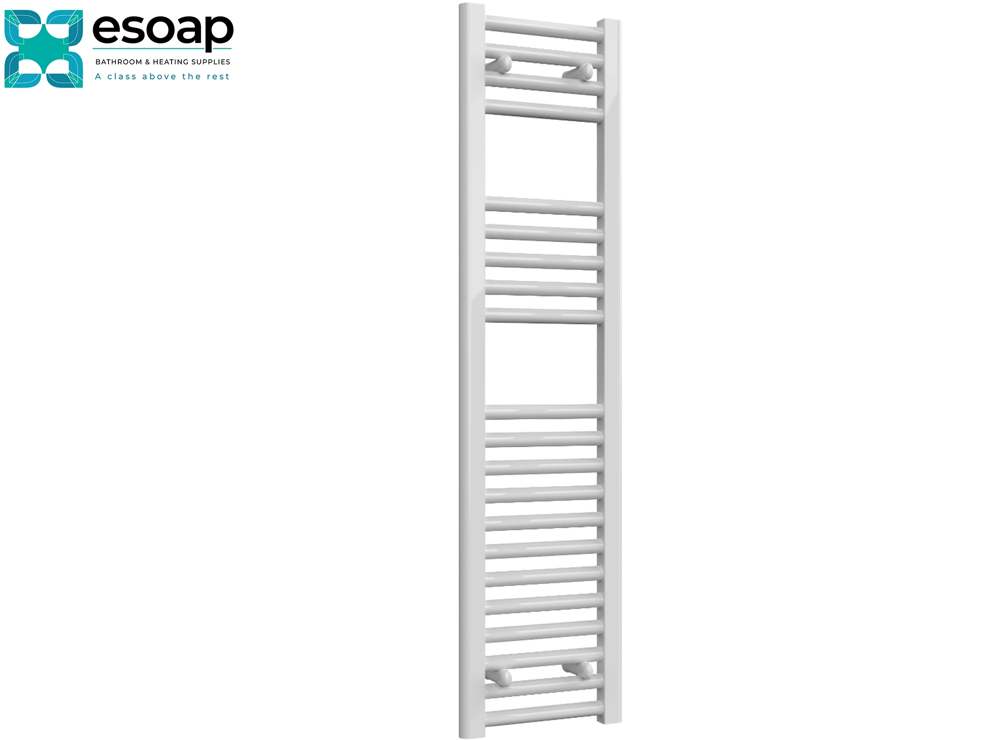 Diva White towel radiator 1200 x 300 on a white background with 'esoap' branding.