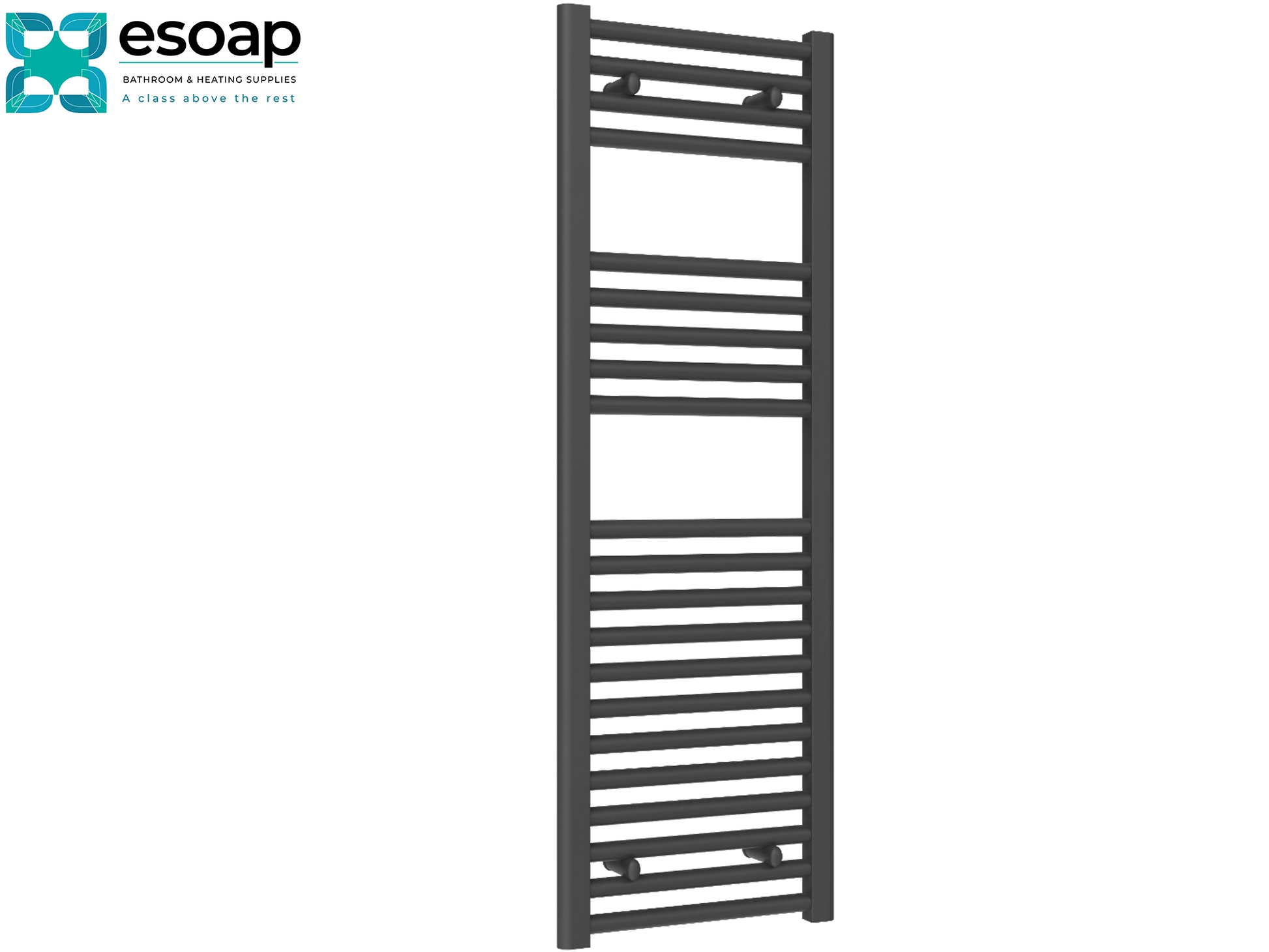 Diva Anthracite Towel radiator 1200 x 400 on a white background with Esoap branding.