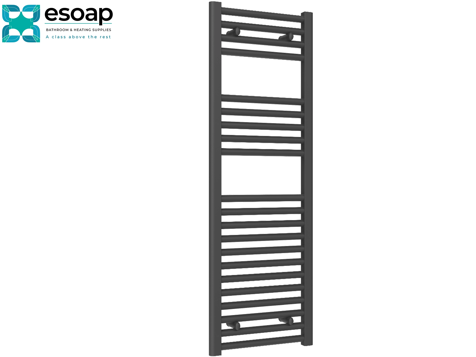 Diva Anthracite Towel radiator 1200 x 400 on a white background with Esoap branding.