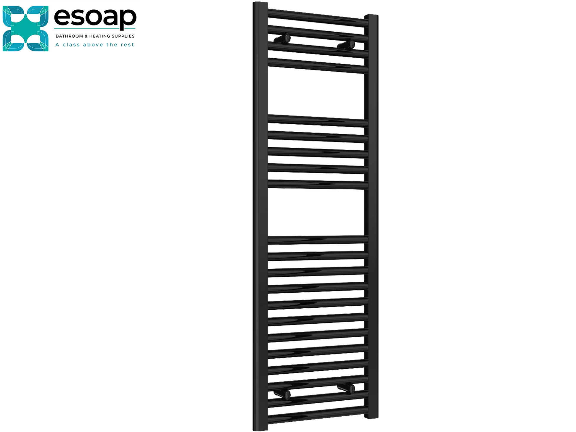 Diva Flat 1200 x 400 Black towel radiator on a white background with 'esoap' branding.