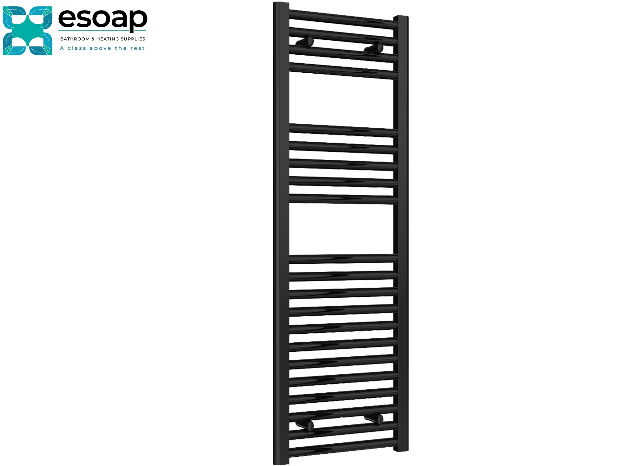 Diva Flat 1200 x 400 Black towel radiator on a white background with 'esoap' branding.