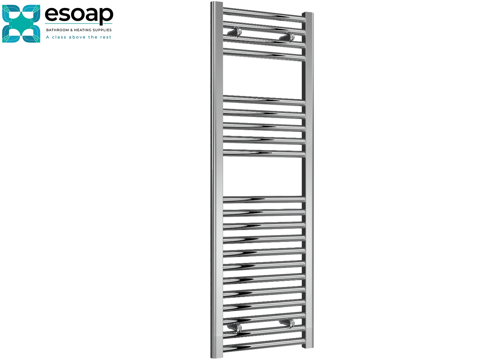 Diva Flat 1200 x 400 Chrome towel radiator on a white background with Esoap branding.