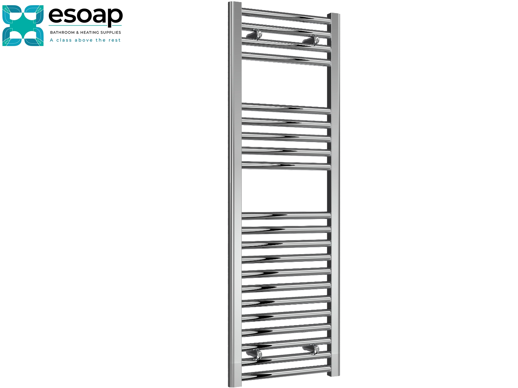 Diva Flat 1200 x 400 Chrome towel radiator on a white background with Esoap branding.