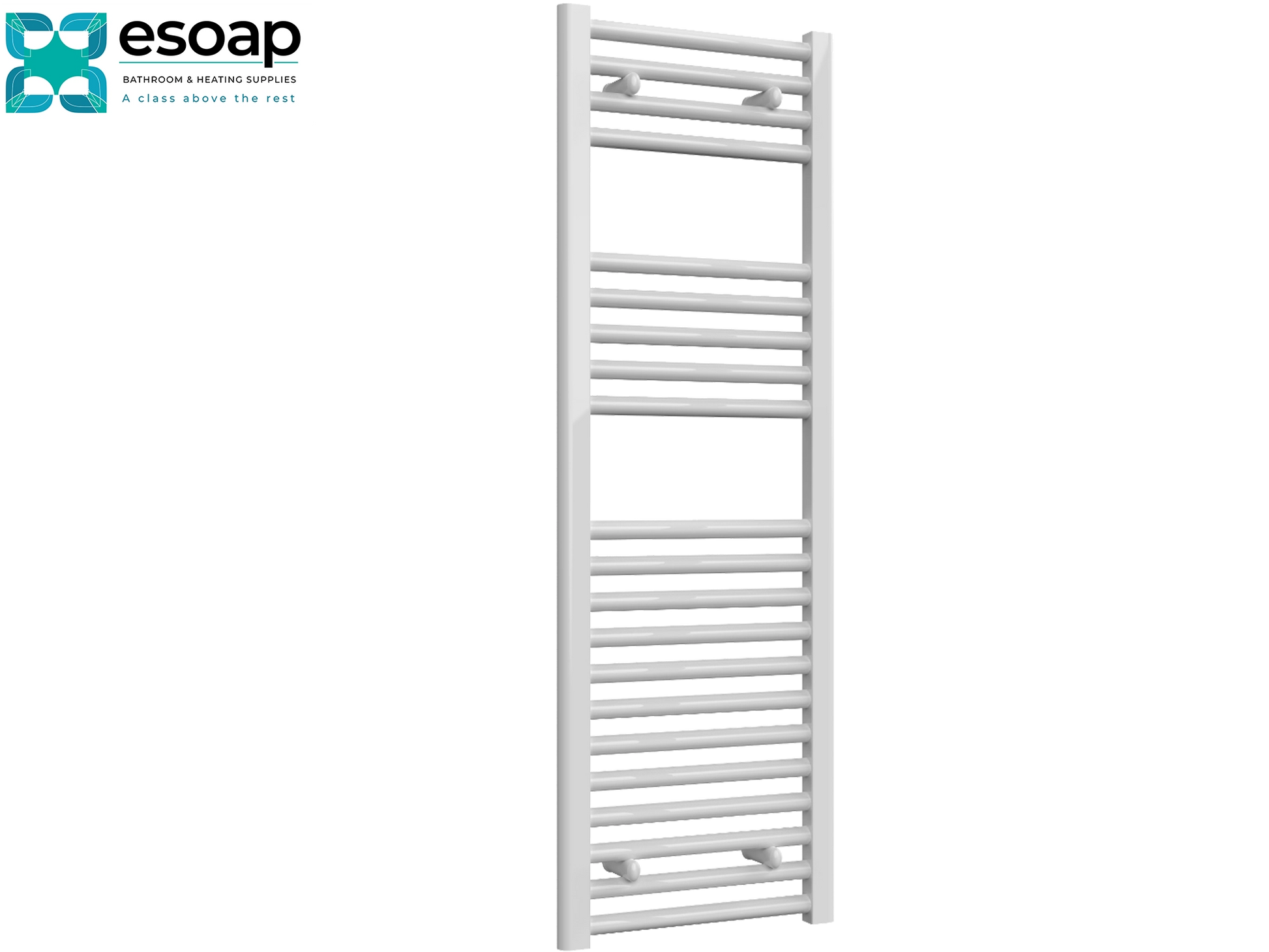 Diva White towel radiator 1200 x 400 on a white background with 'esoap' branding.