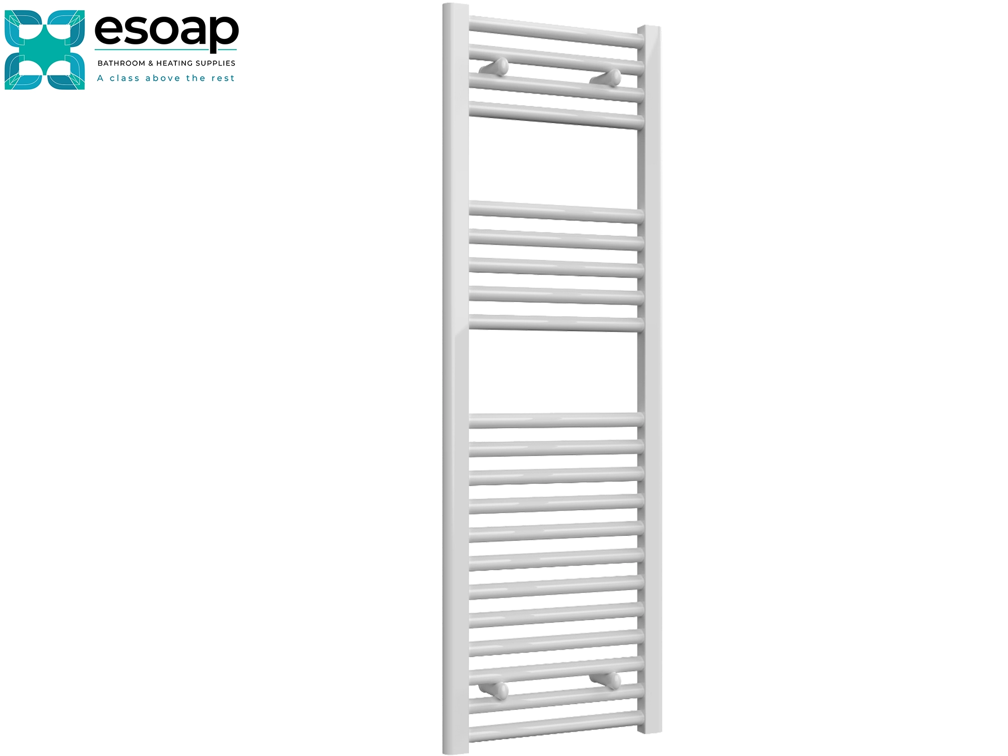 Diva White towel radiator 1200 x 400 on a white background with 'esoap' branding.