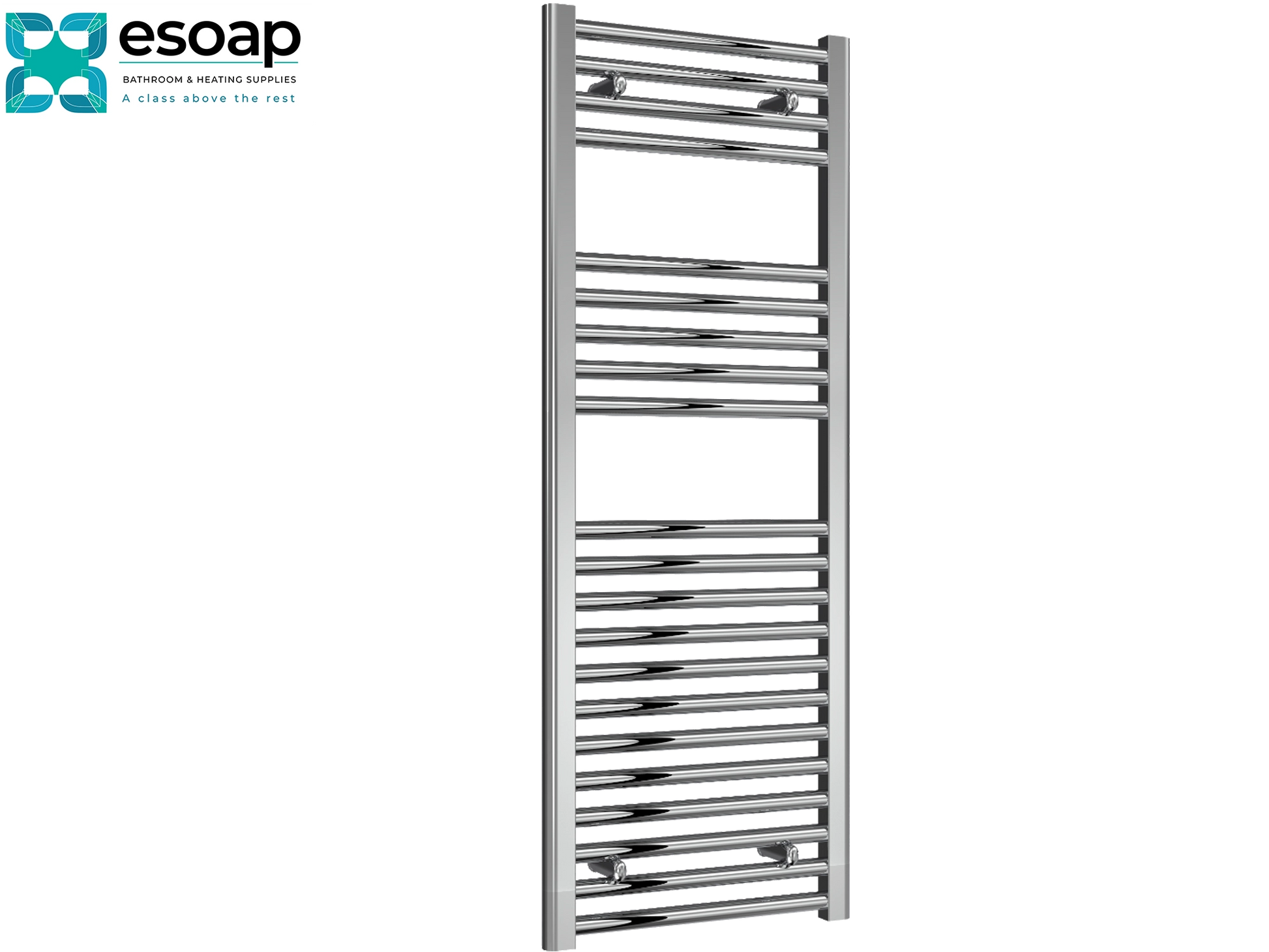Diva Flat 1200x450 Chrome towel radiator on a white background with 'esoap' branding.