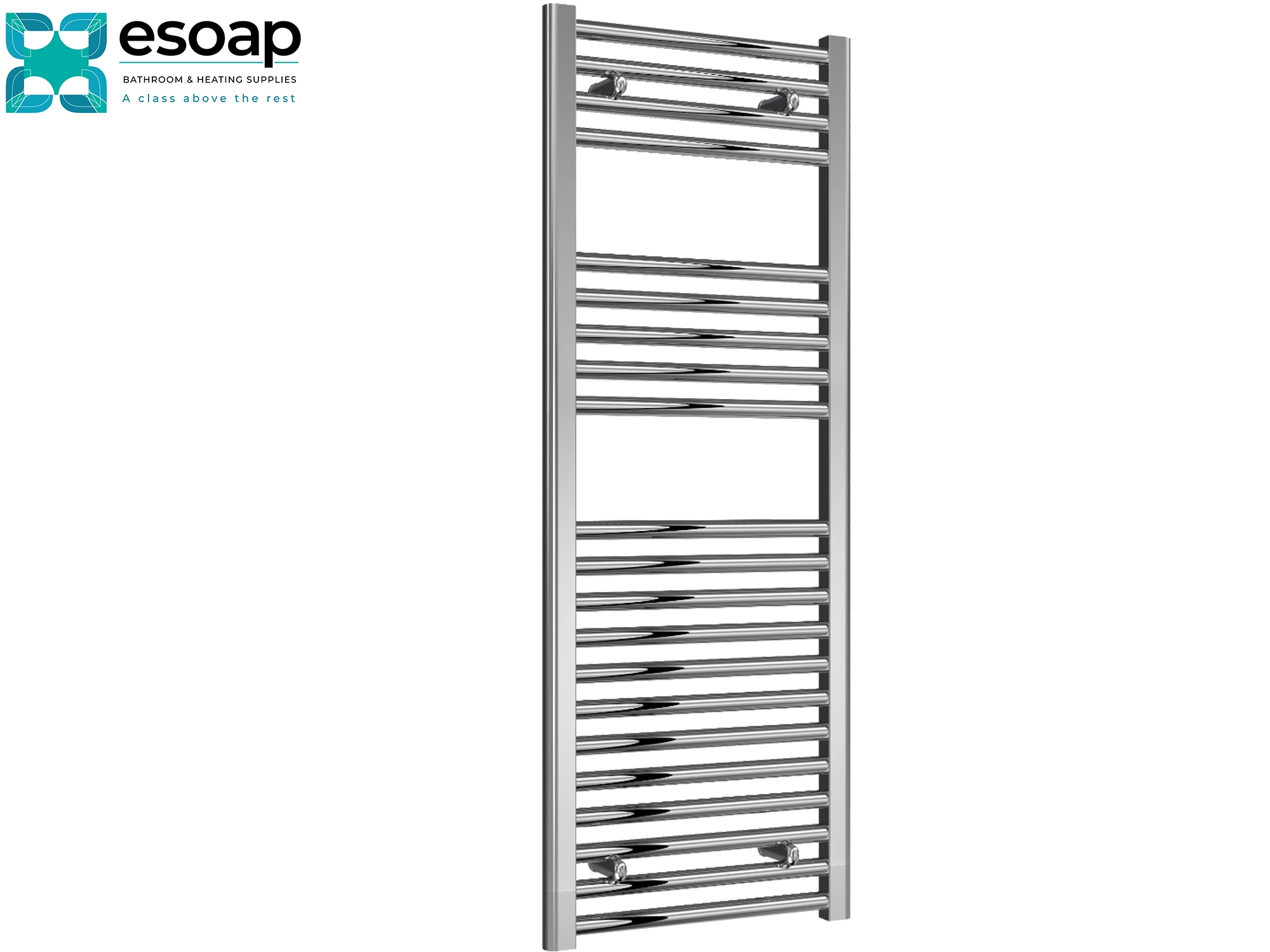 Diva Flat 1200x450 Chrome towel radiator on a white background with 'esoap' branding.