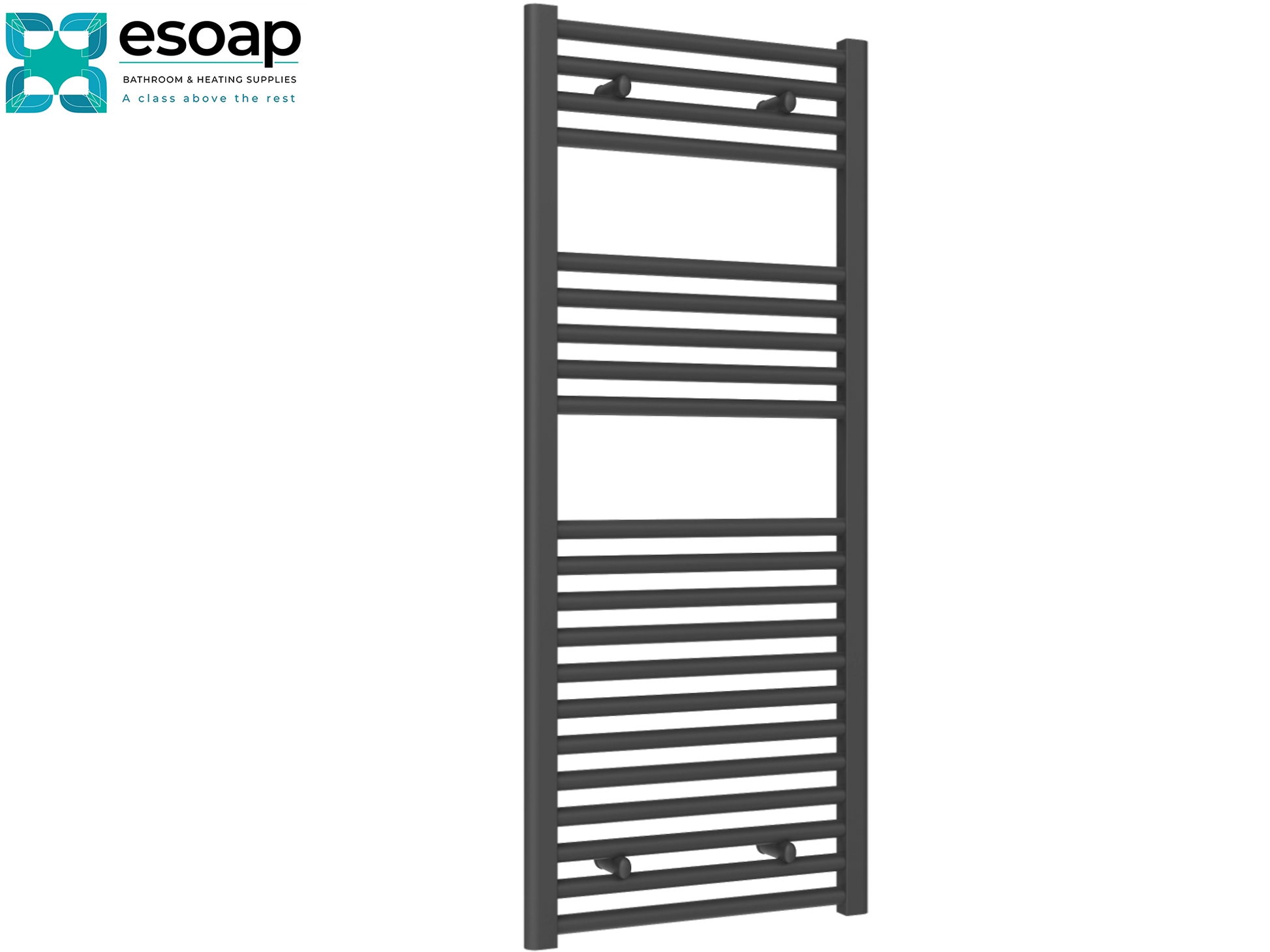Diva Towel radiator 1200 x 500 with multiple horizontal bars on a white background, branded 'esoap'.