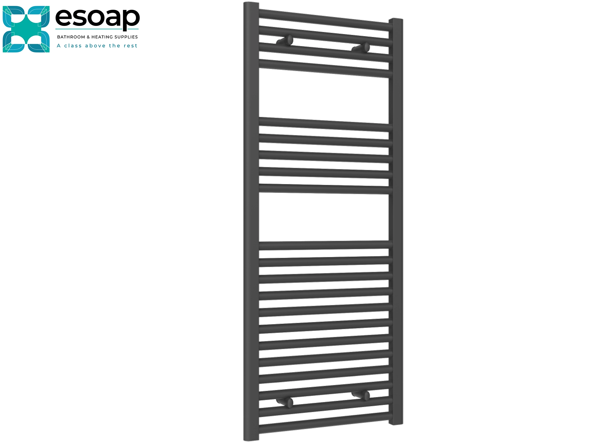 Diva Towel radiator 1200 x 500 with multiple horizontal bars on a white background, branded 'esoap'.