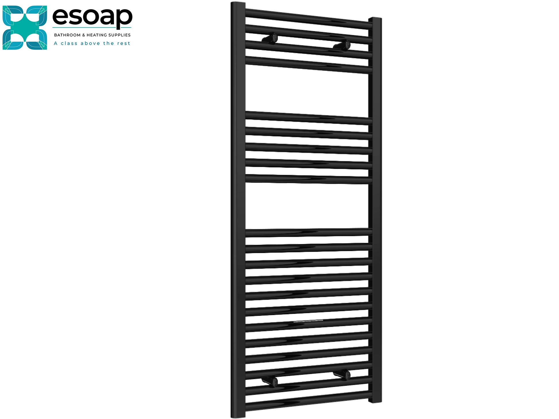 Diva Flat 1200 x 500 Black towel radiator on a white background with 'esoap' branding.