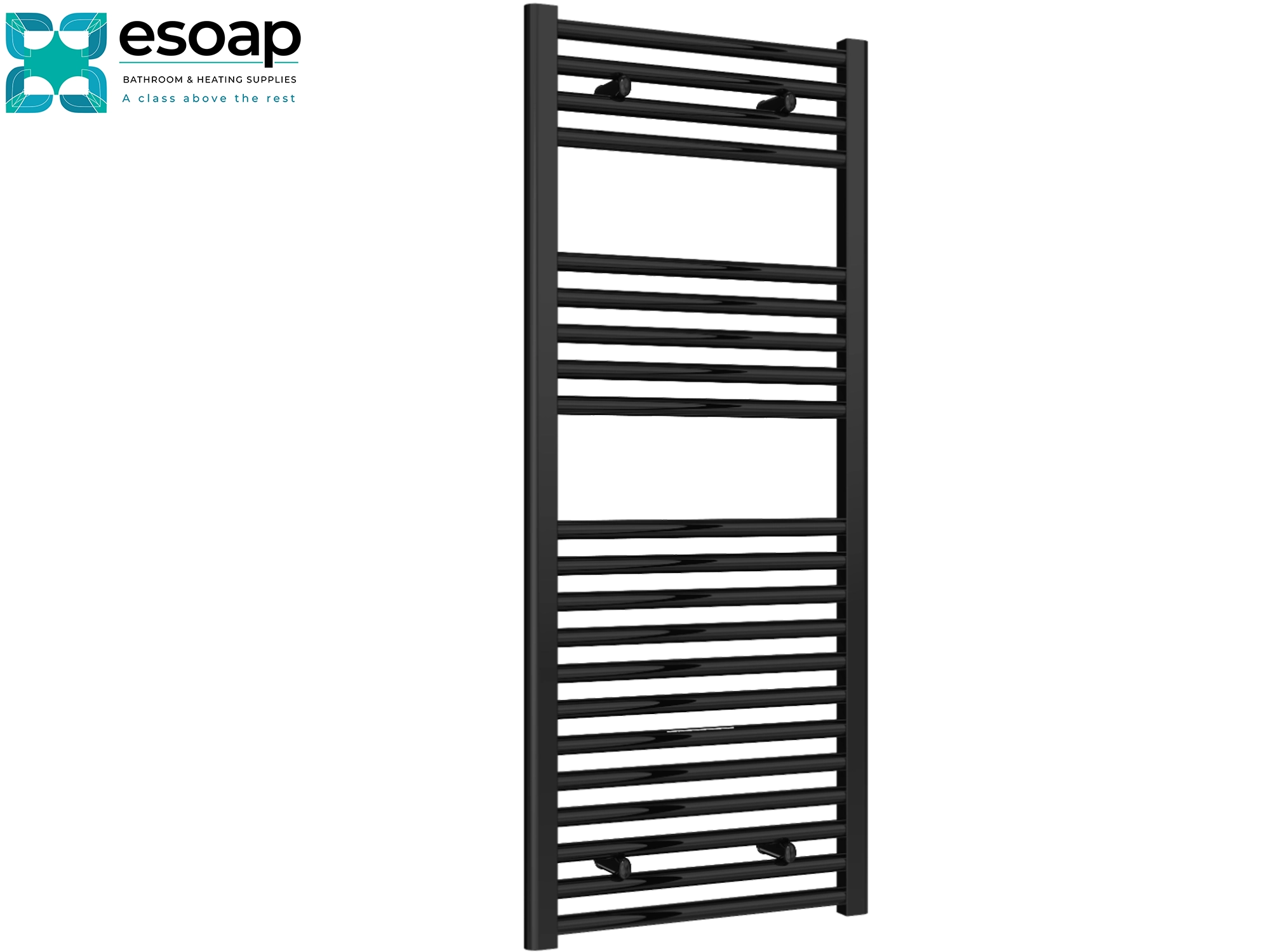 Diva Flat 1200 x 500 Black towel radiator on a white background with 'esoap' branding.