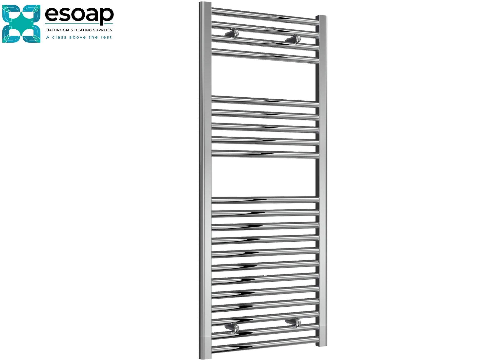 Diva Flat 1200 x 500 Chrome towel radiator on a white background with Esoap branding.