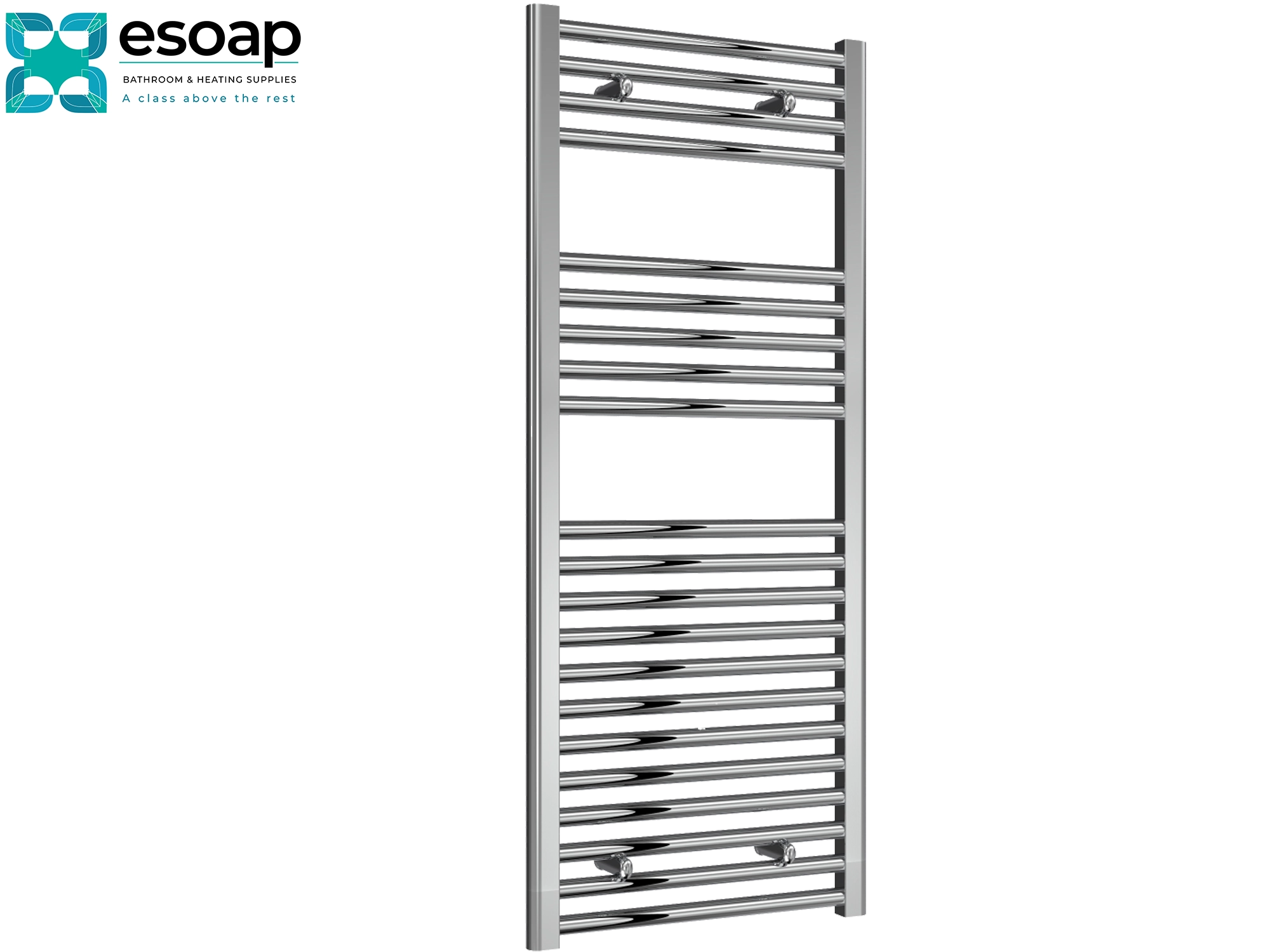 Diva Flat 1200 x 500 Chrome towel radiator on a white background with Esoap branding.