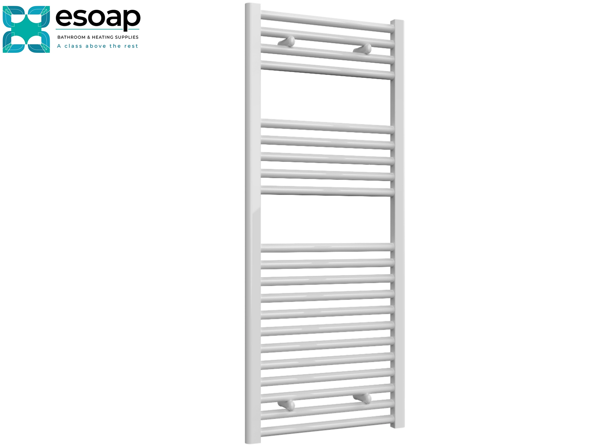 Diva White towel radiator 1200 x 500 on a white background with Esoap branding.