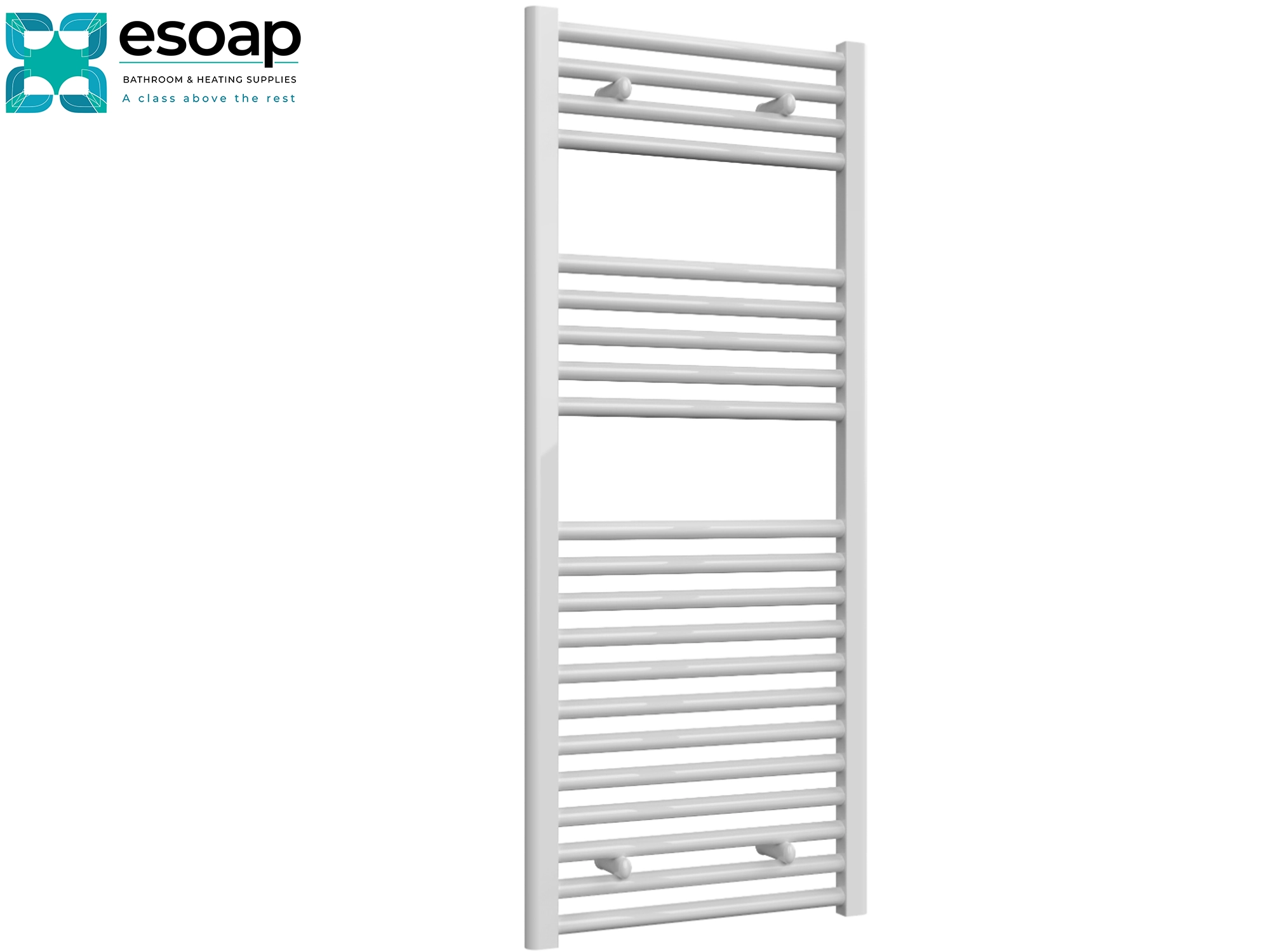 Diva White towel radiator 1200 x 500 on a white background with Esoap branding.