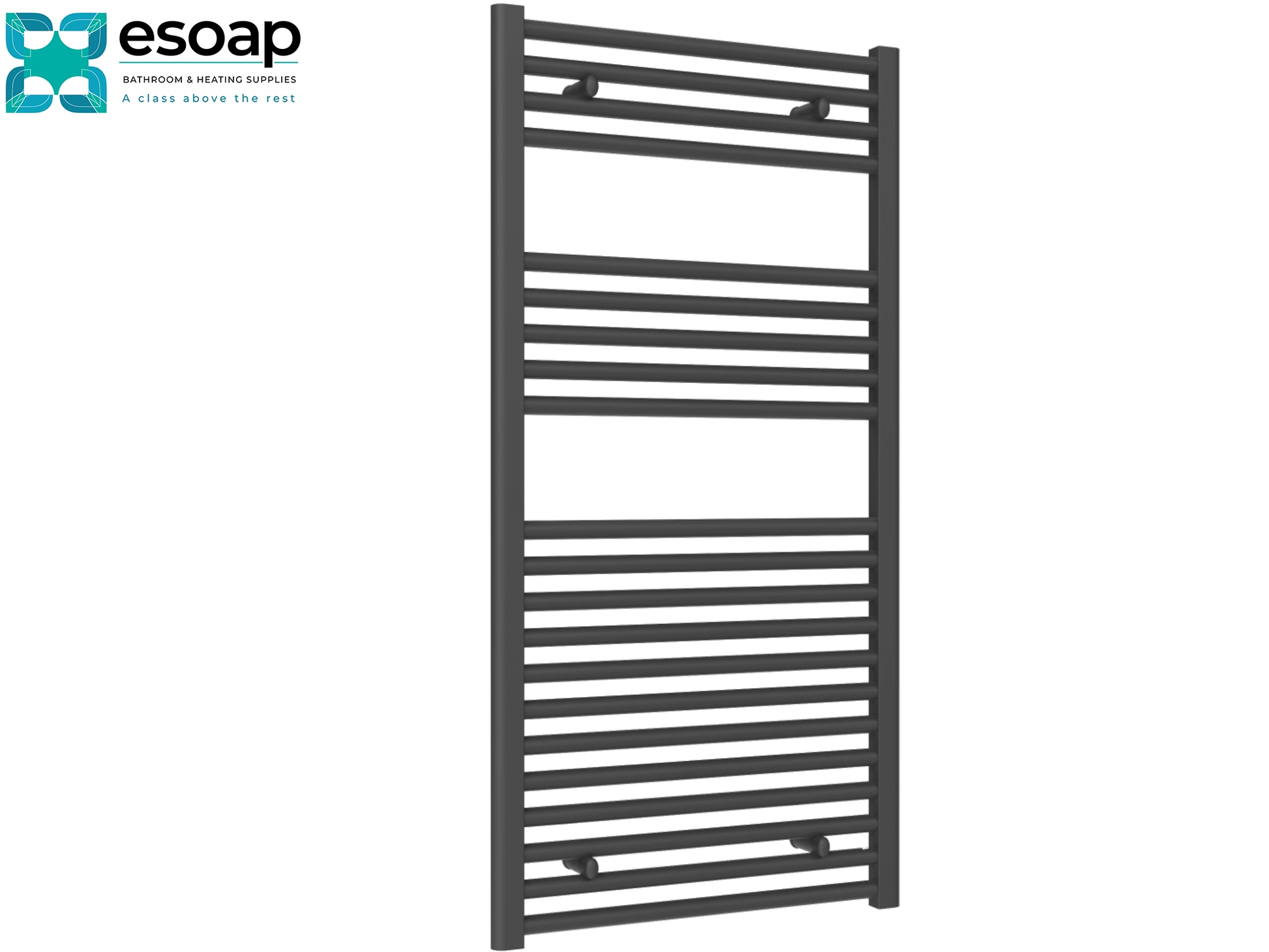 diva anthracite Towel radiator 1200 x 600 with esoap branding on a white background