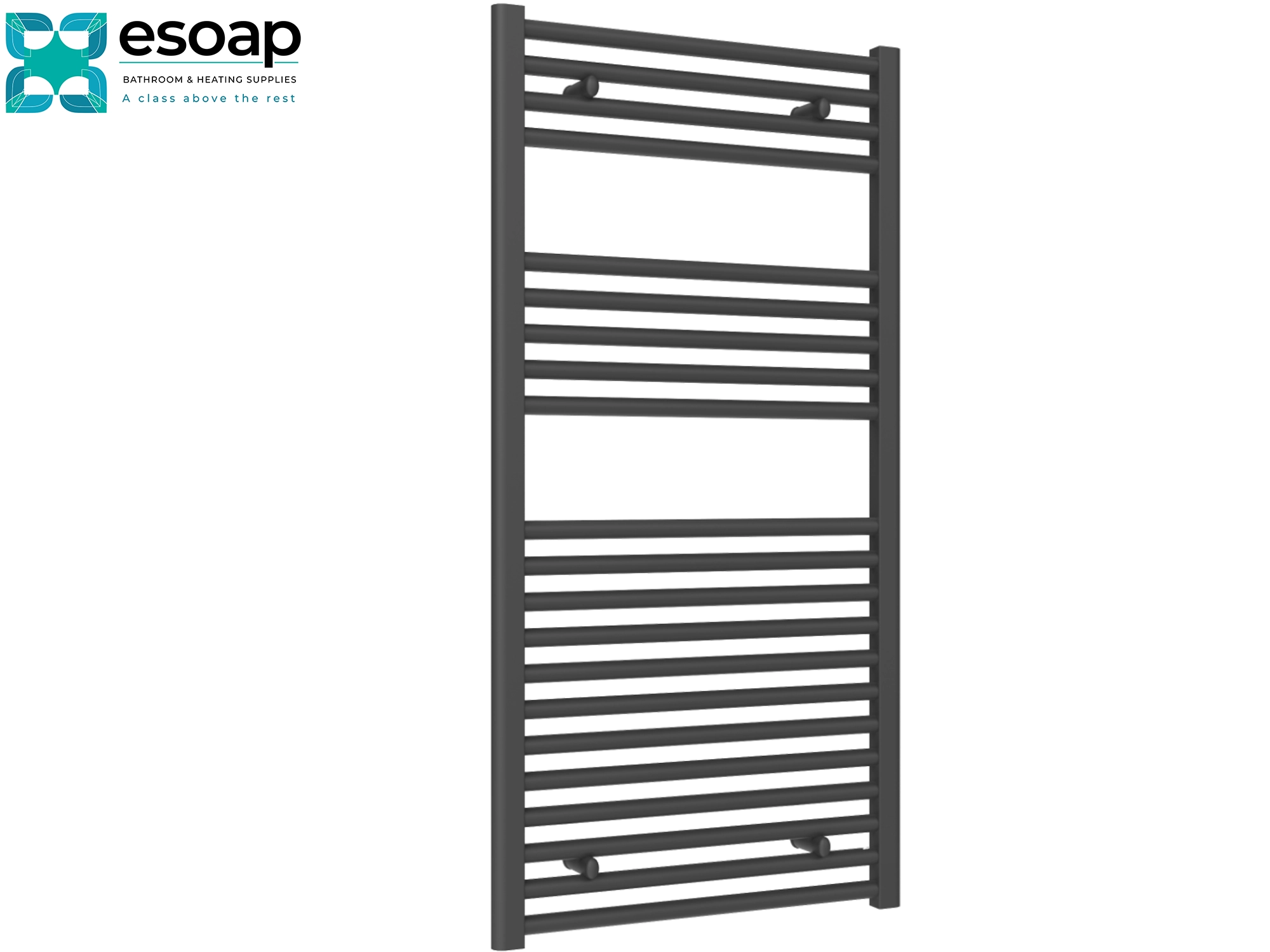 diva anthracite Towel radiator 1200 x 600 with esoap branding on a white background