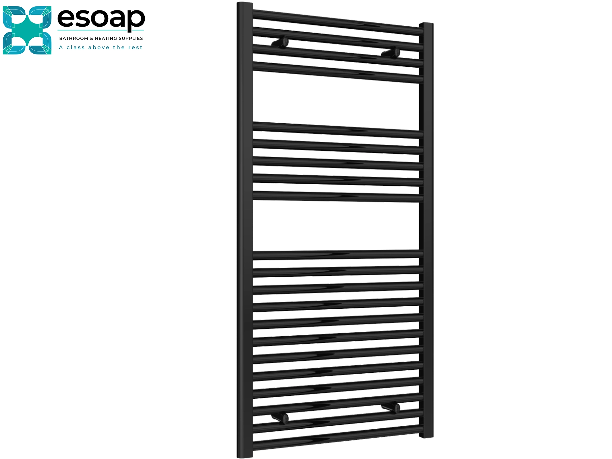 Diva Flat 1200 x 600 Black towel radiator on a white background with 'esoap' branding.