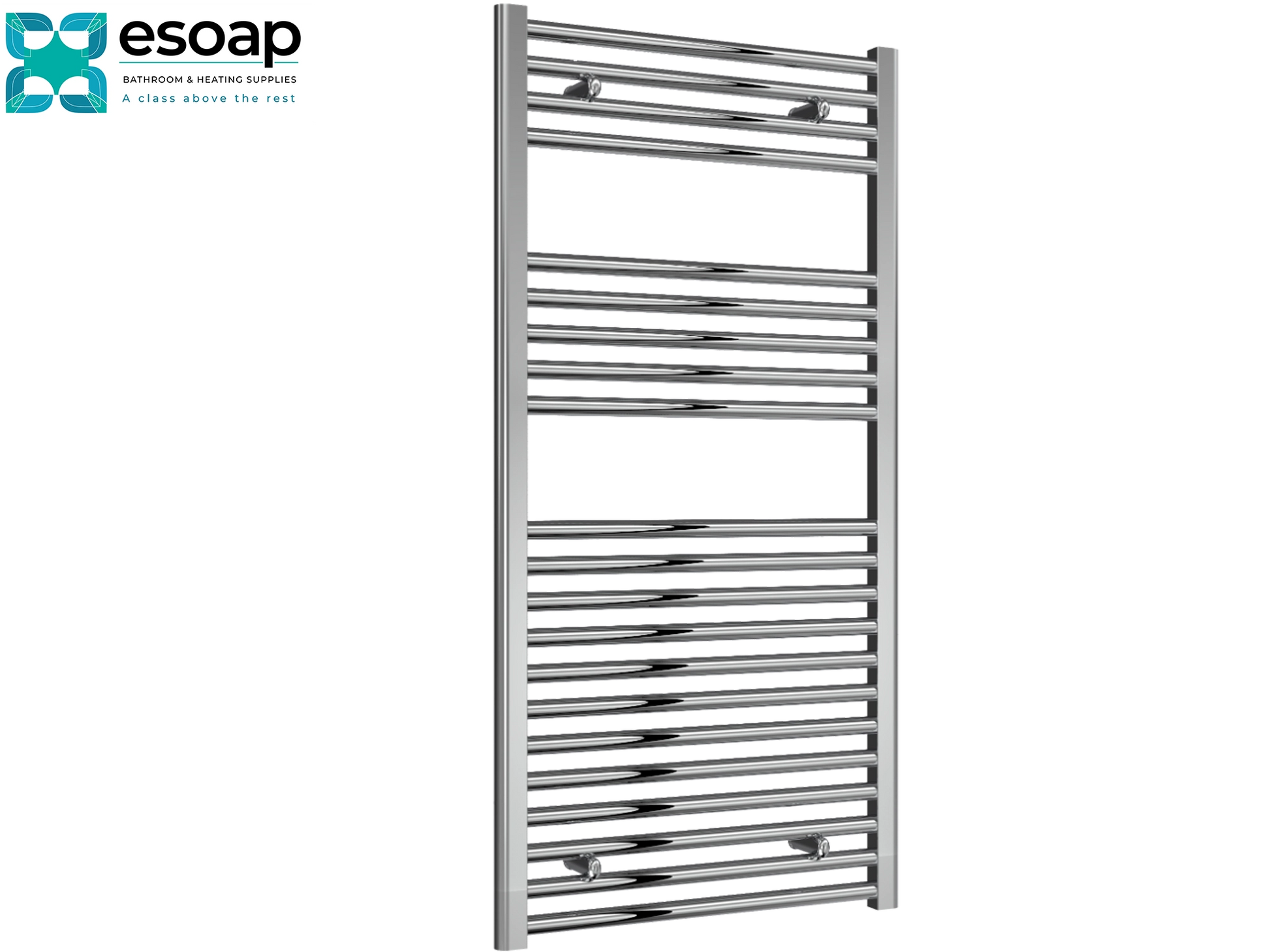 Diva Flat 1200 x 600 Chrome towel radiator on a white background with 'esoap' branding.