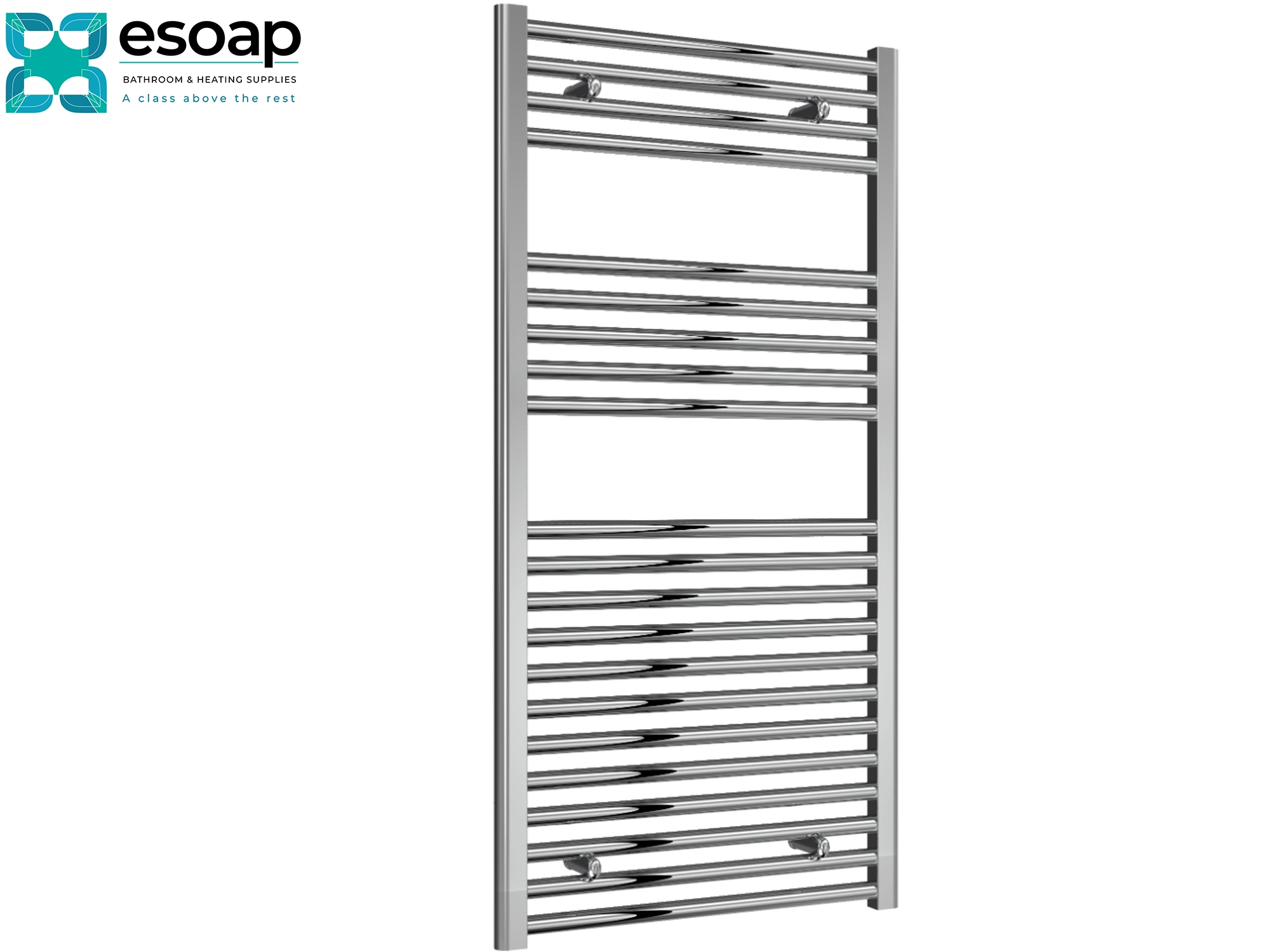 Diva Flat 1200 x 600 Chrome towel radiator on a white background with 'esoap' branding.
