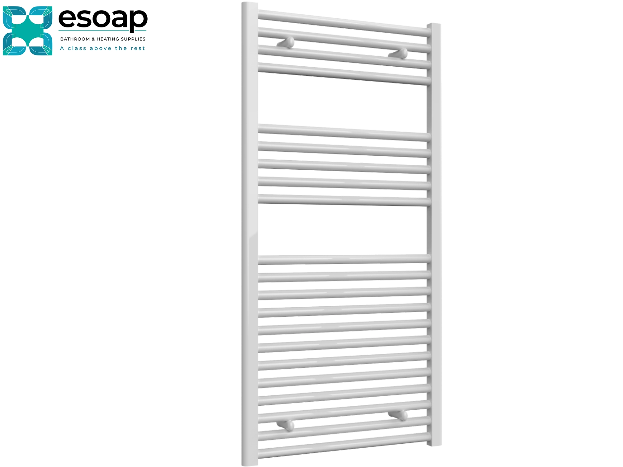 Diva White towel radiator 1200 x 600 on a white background with Esoap branding.