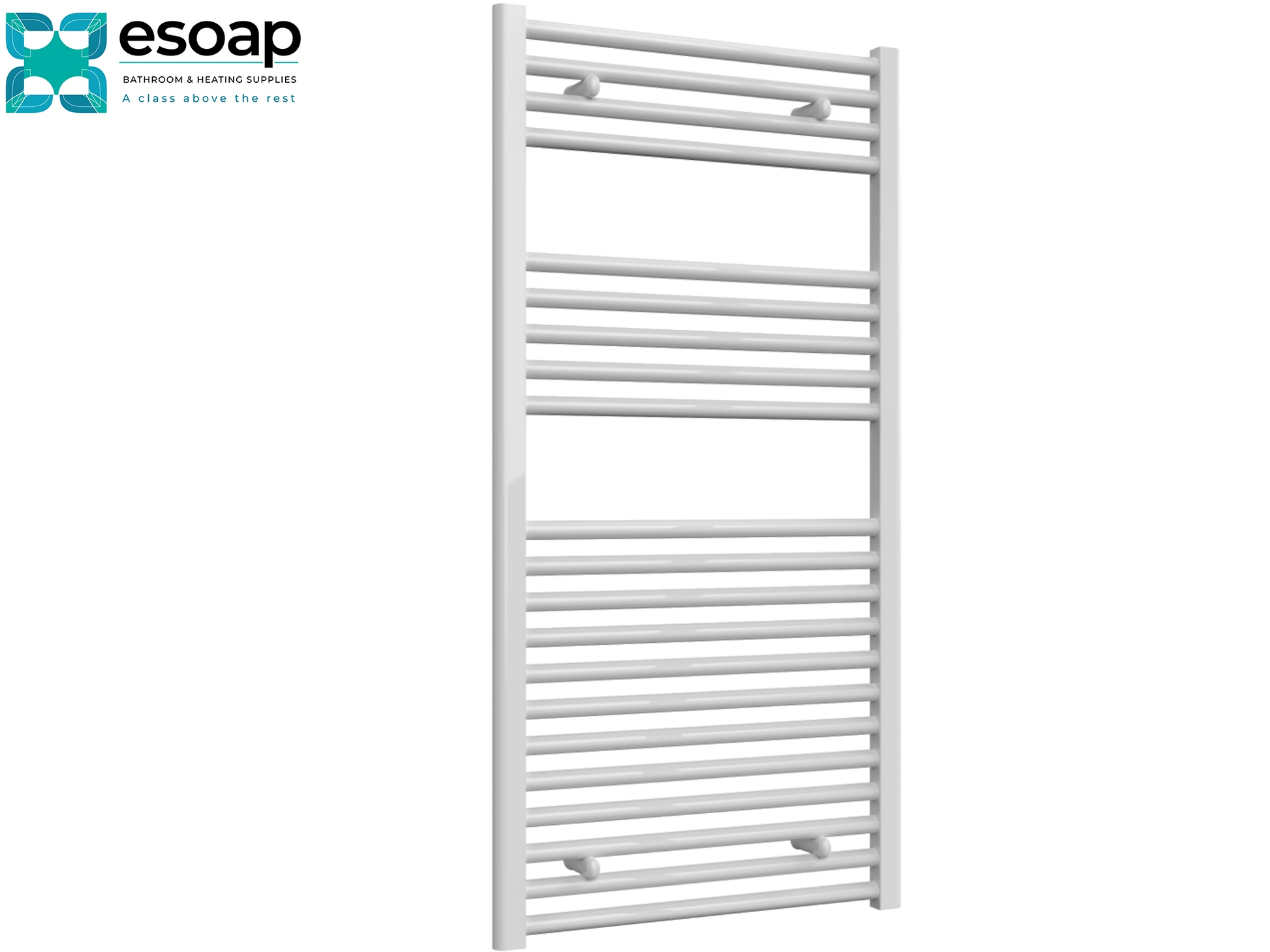 Diva Flat 1200 x 600 White towel radiator on a white background with Esoap branding.