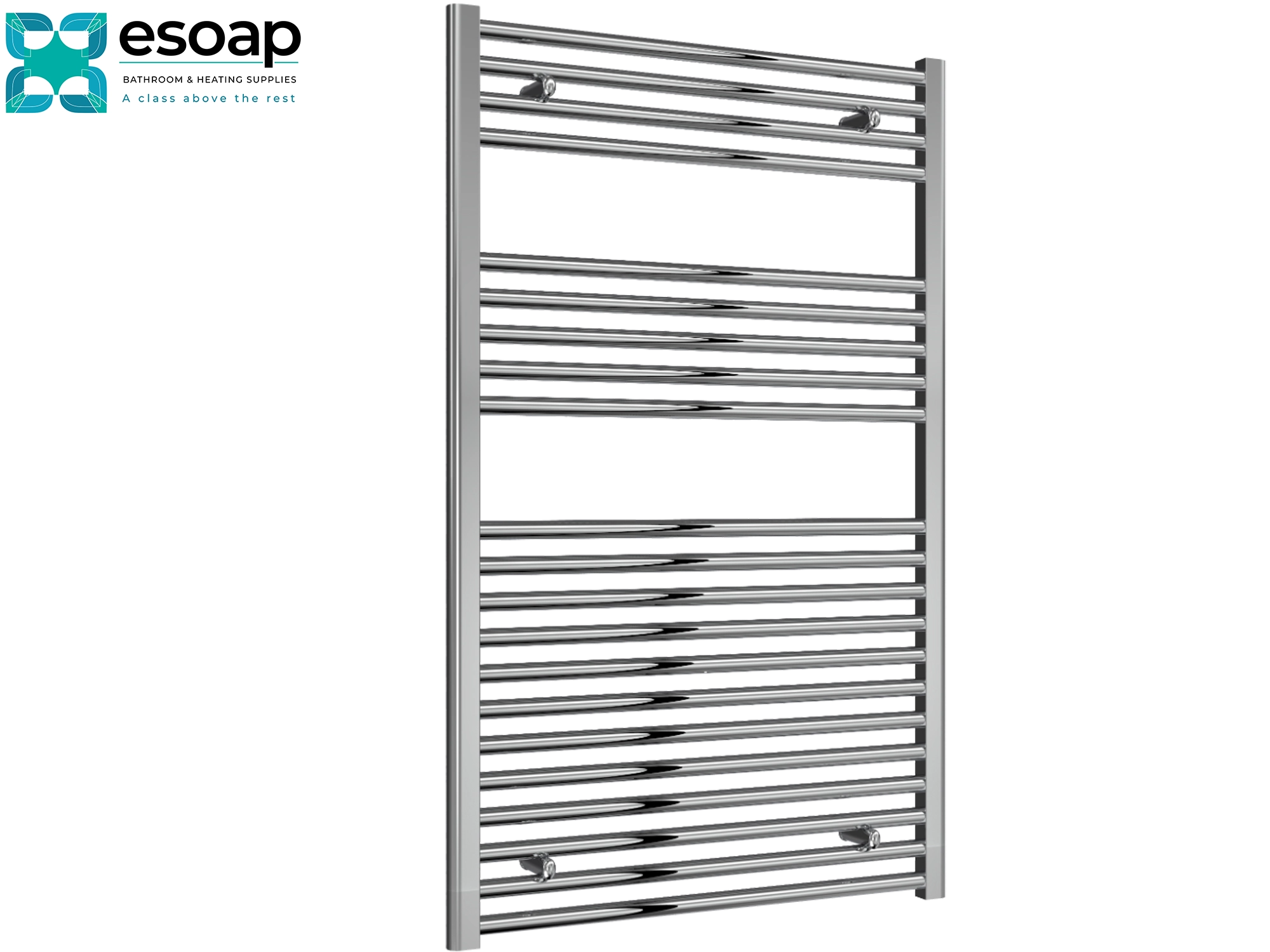 Diva Flat 1200x750 chrome towel radiator on a white background with Esoap branding.
