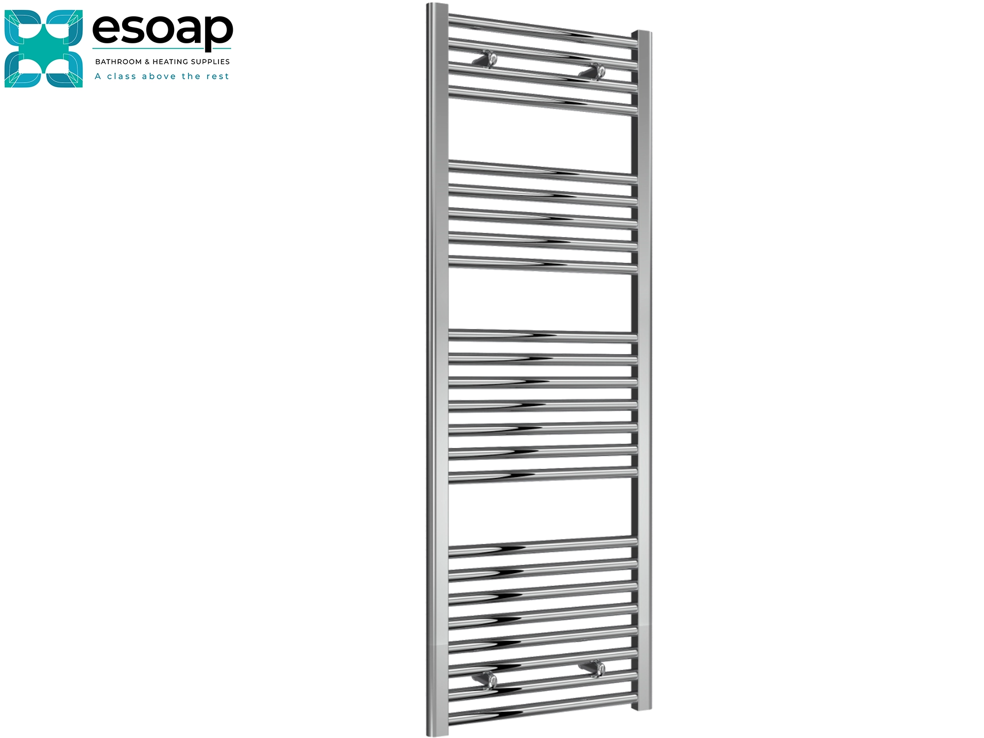 Diva Chrome towel radiator 1400 x 500 on a white background with Esoap branding.