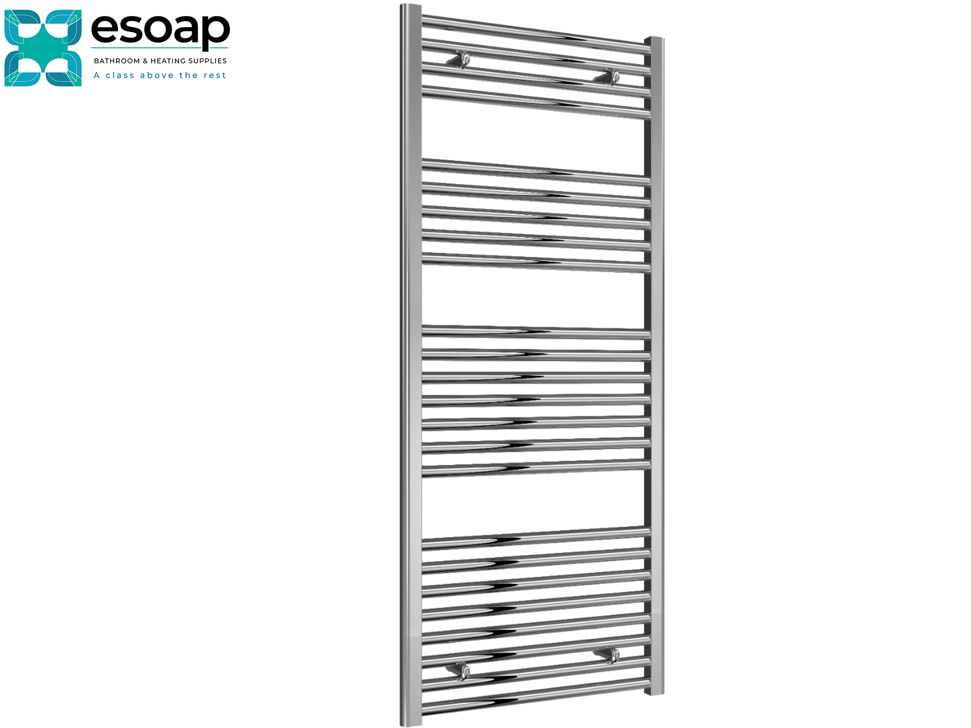 Diva Chrome towel radiator 1400 x 600 on a white background with Esoap branding.