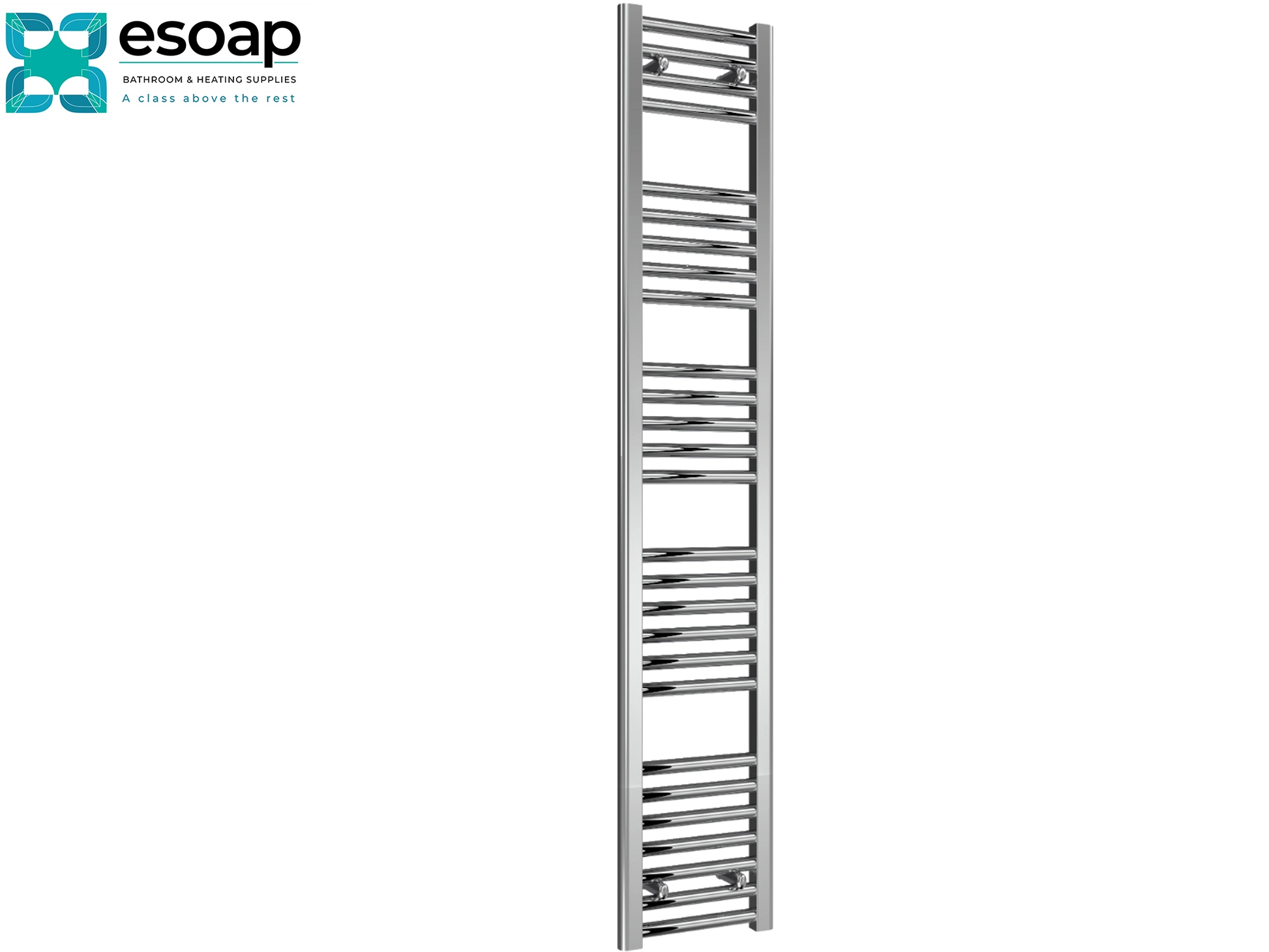 Diva Chrome towel radiator 1600 x 300 on a white background with 'esoap' branding.