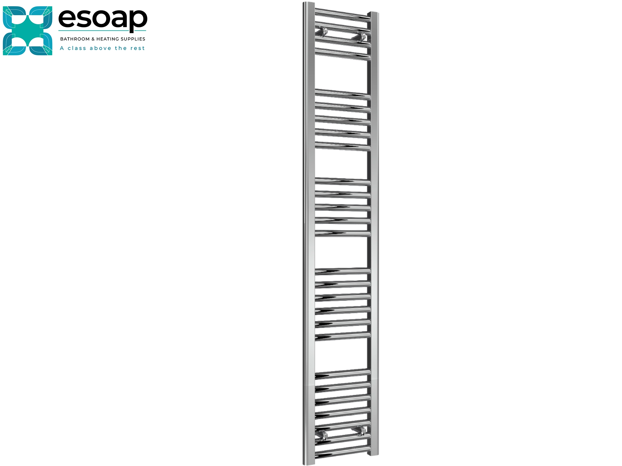 Diva Chrome towel radiator 1600 x 300 on a white background with 'esoap' branding.