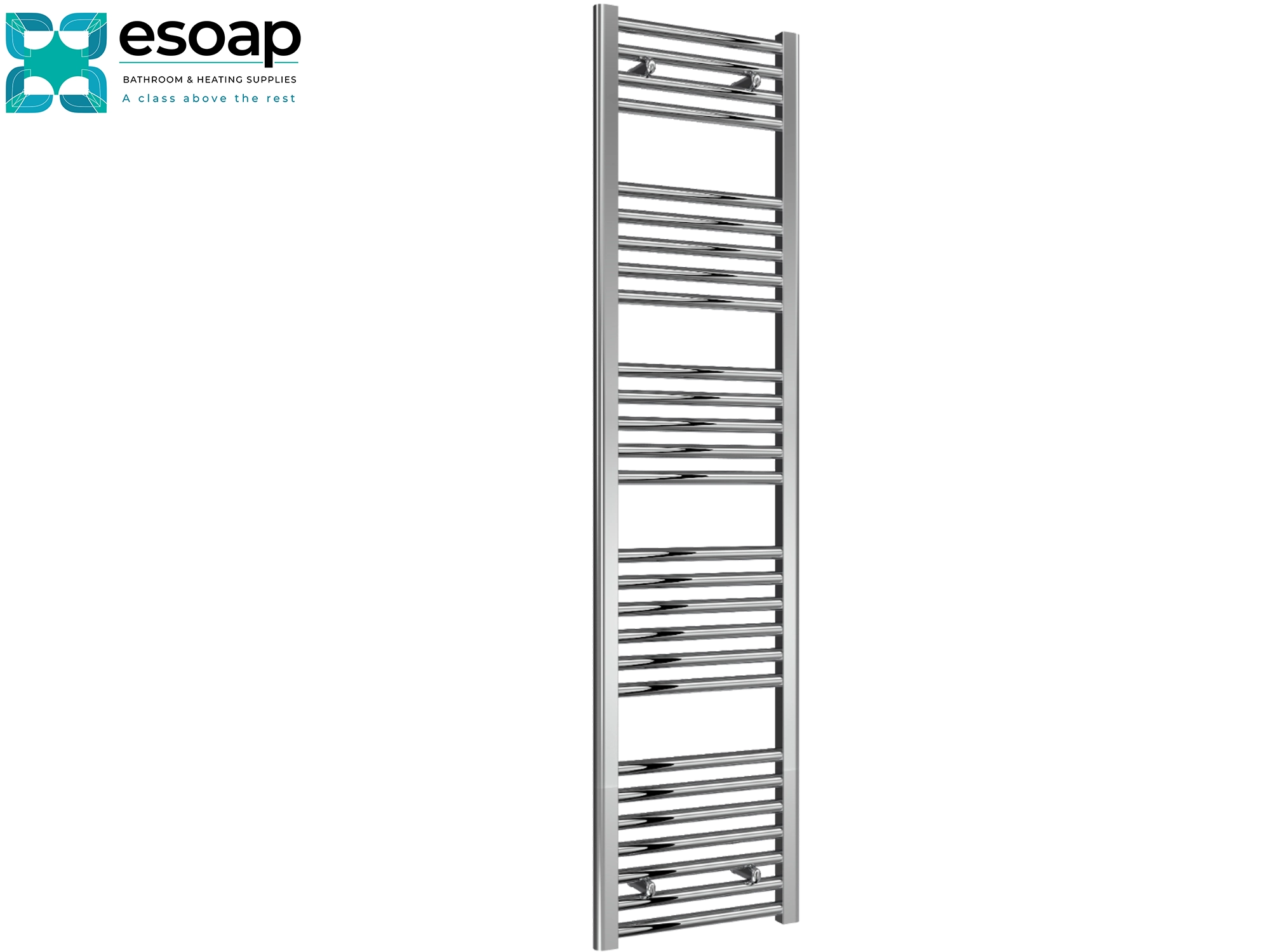 Diva Chrome towel radiator 1600 x 400 on a white background with 'es Soap' branding.