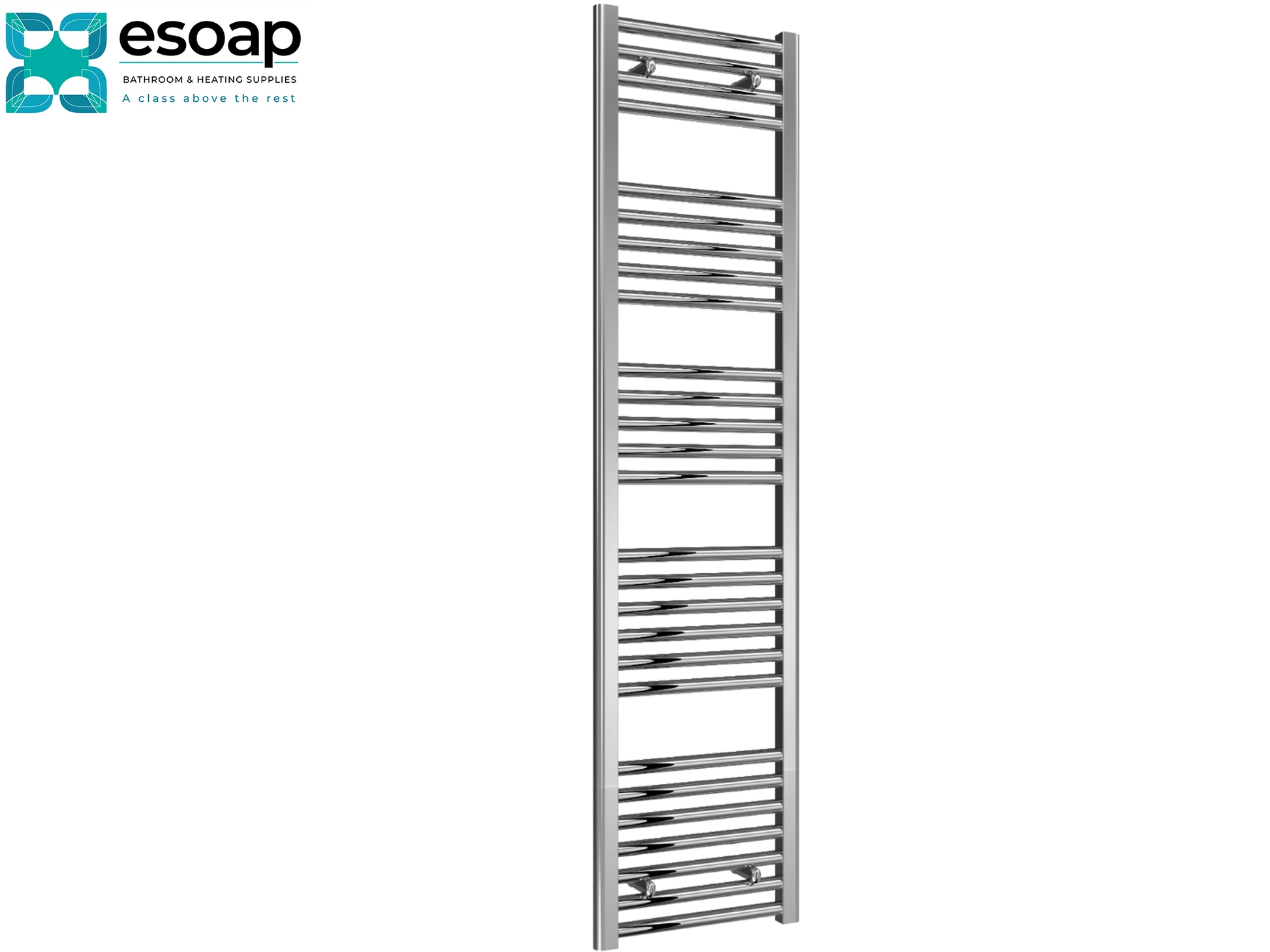  Diva Flat 1600 x 400 Chrome towel radiator on a white background with 'e soap' branding.