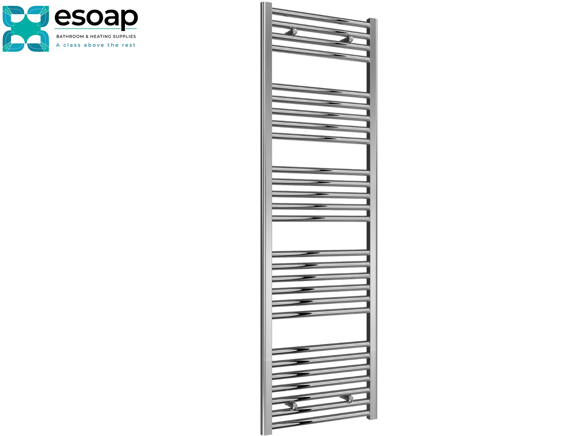 Diva Chrome towel radiator 1600 x 500 on a white background with Esoap branding.