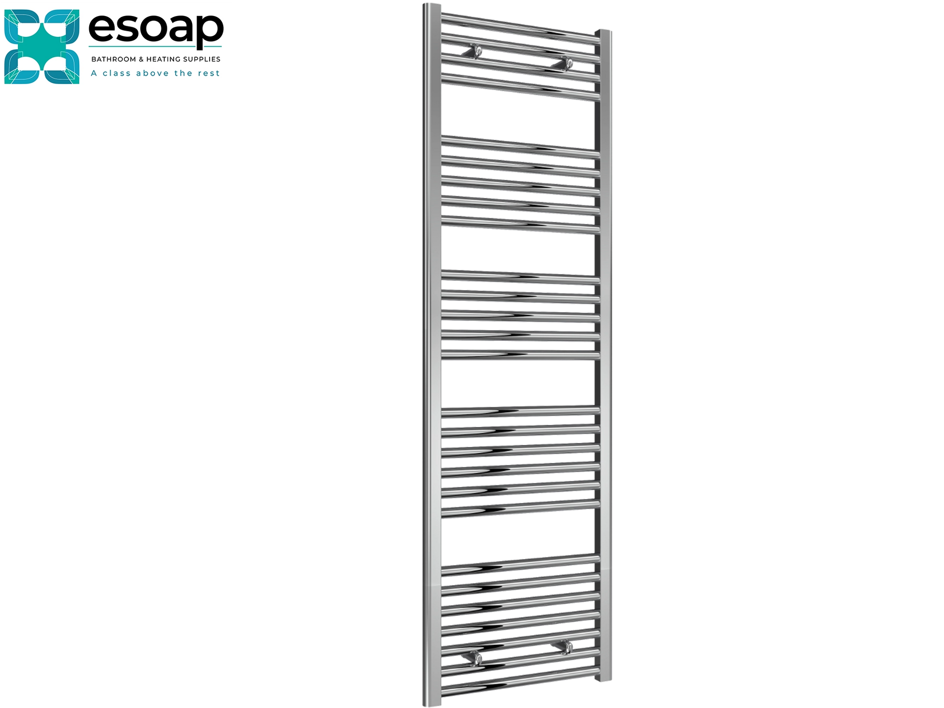  Diva Flat 1600 x 500 Chrome towel radiator on a white background with Esoap branding.