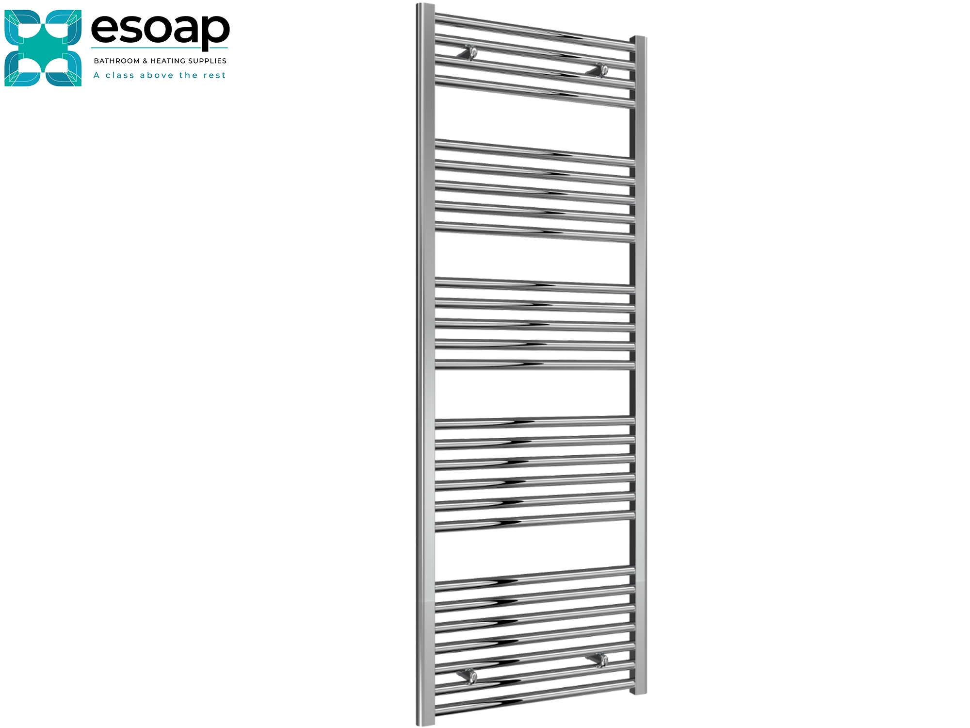  Diva Flat 1600 x 600 Chrome towel radiator on a white background with Esoap branding.