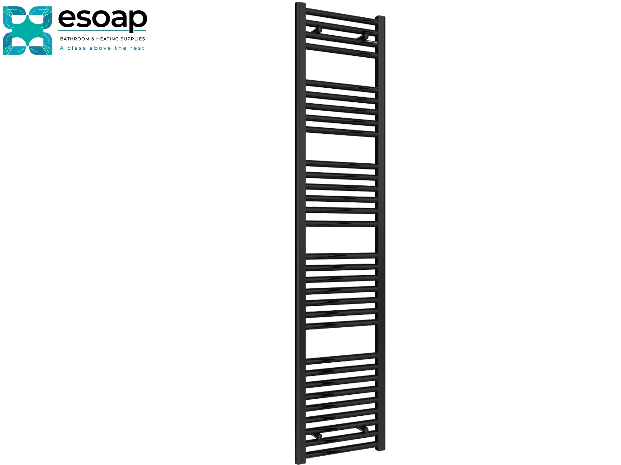 Diva Black heated towel rail 1800 x 400 on a white background with 'es Soap' branding.
