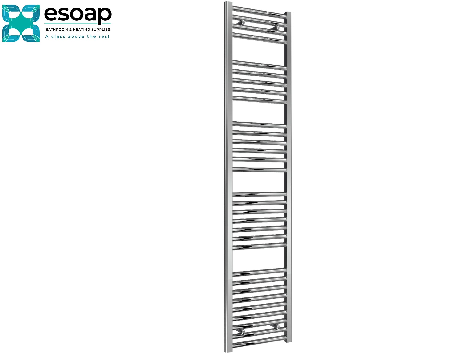 Diva Chrome towel radiator 1800 x 400 on a white background with 'esop' branding.