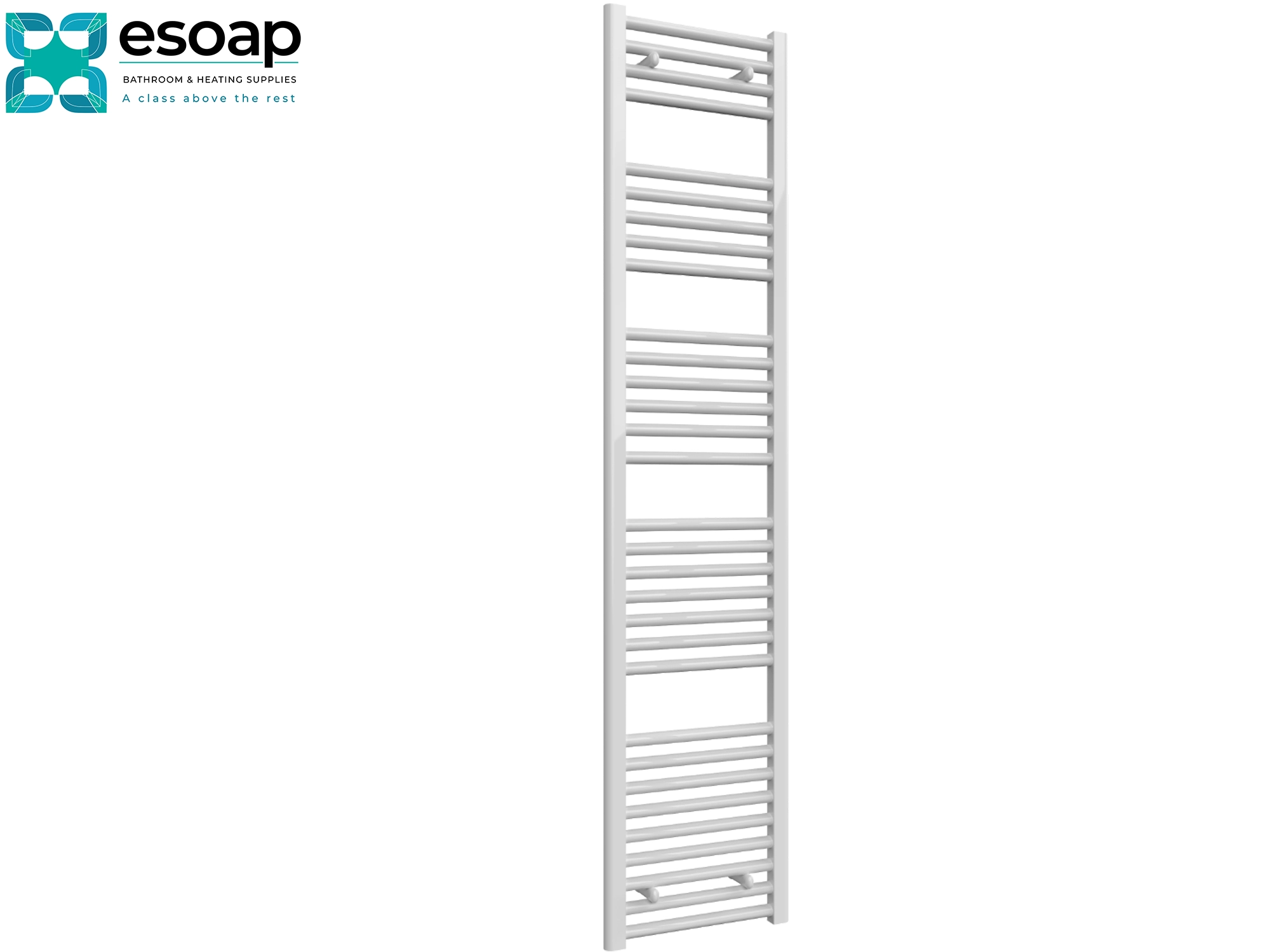 Diva White towel radiator 1800 x 400 on a white background with 'esoap' branding.