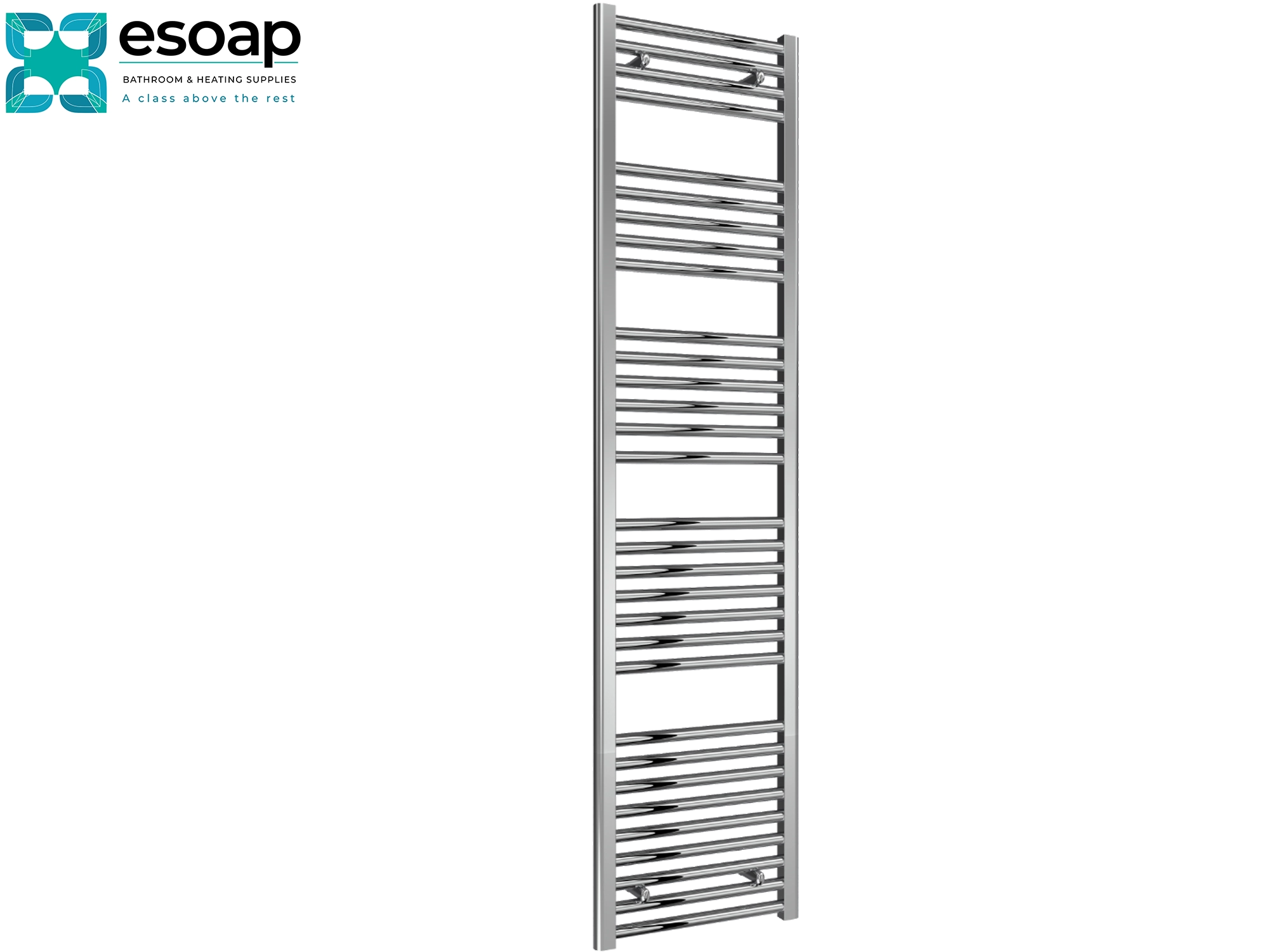 Diva Chrome towel radiator 1800 x 400 on a white background with 'esoap' branding.