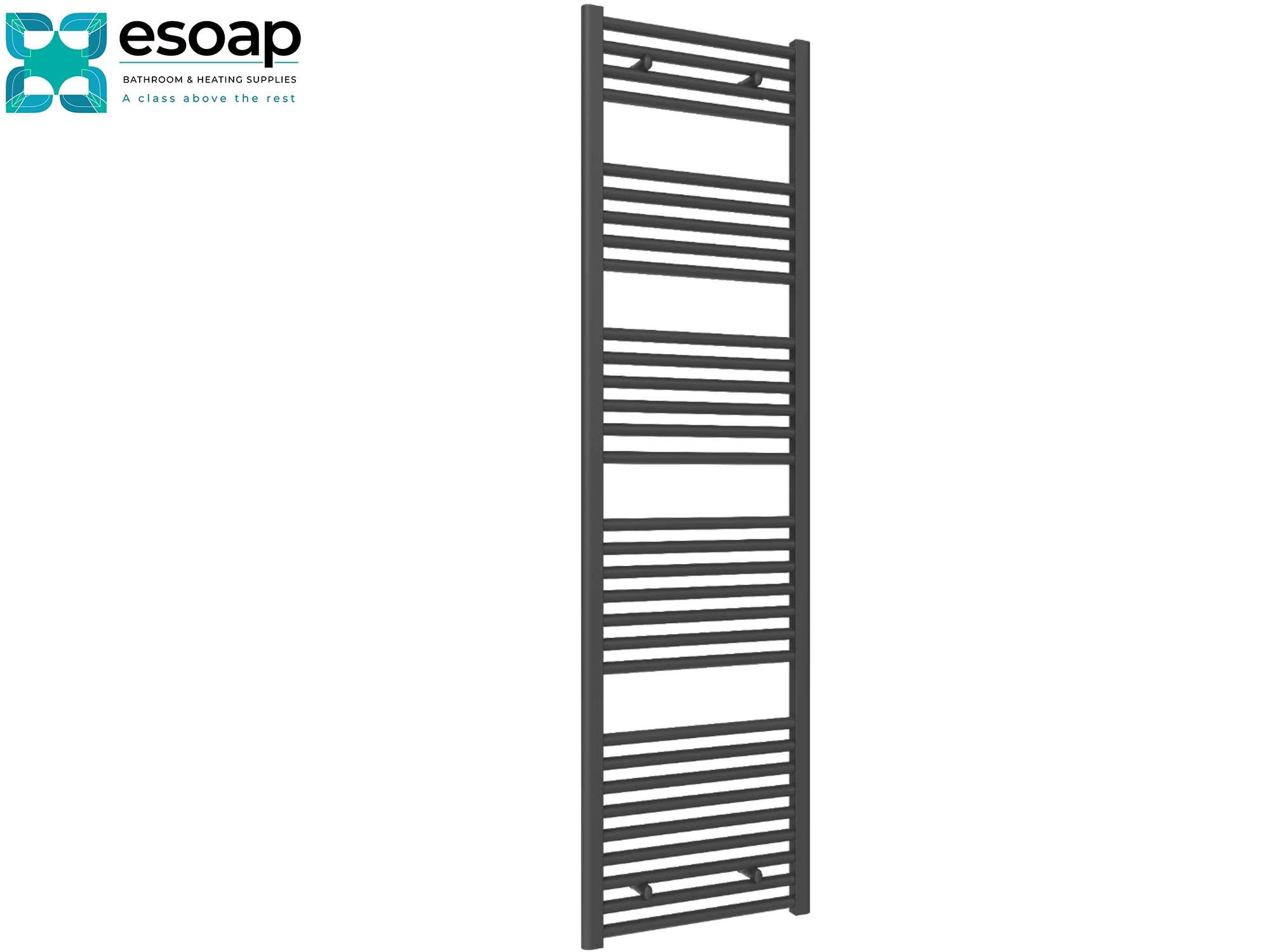 Diva Anthracite Towel radiator 1800 x 500 with esoap branding on a white background