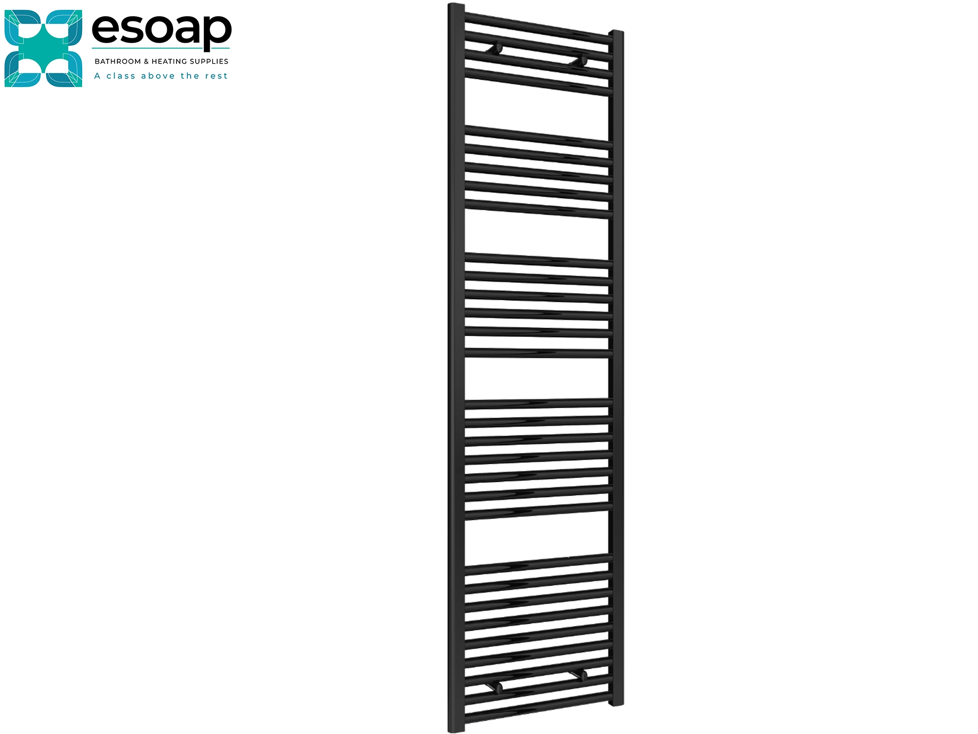 Diva Black towel radiator 1800 x 500 on a white background with 'esoap' branding.