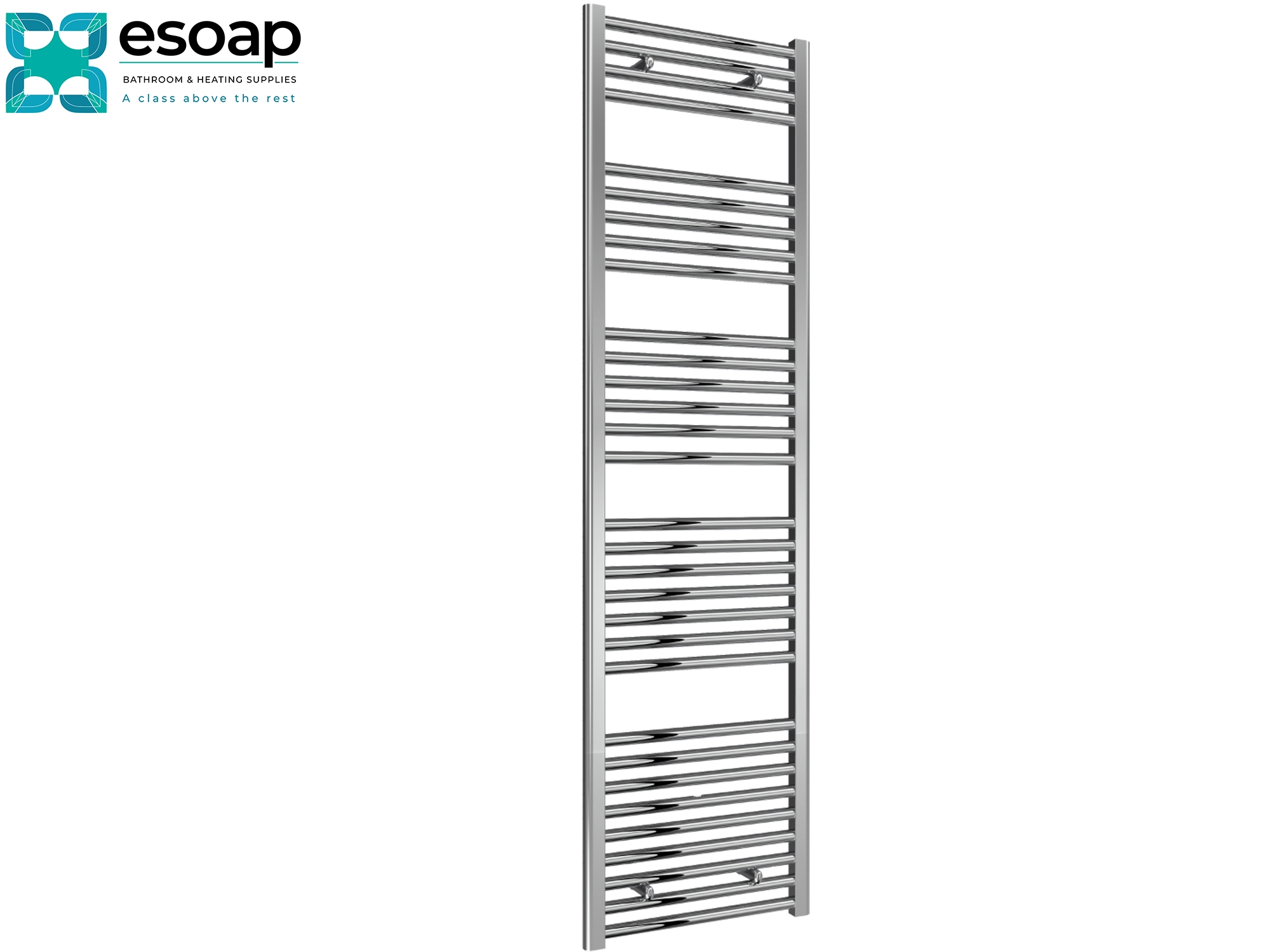 Diva Chrome towel radiator 1800 x 500 on a white background with Esoap branding.