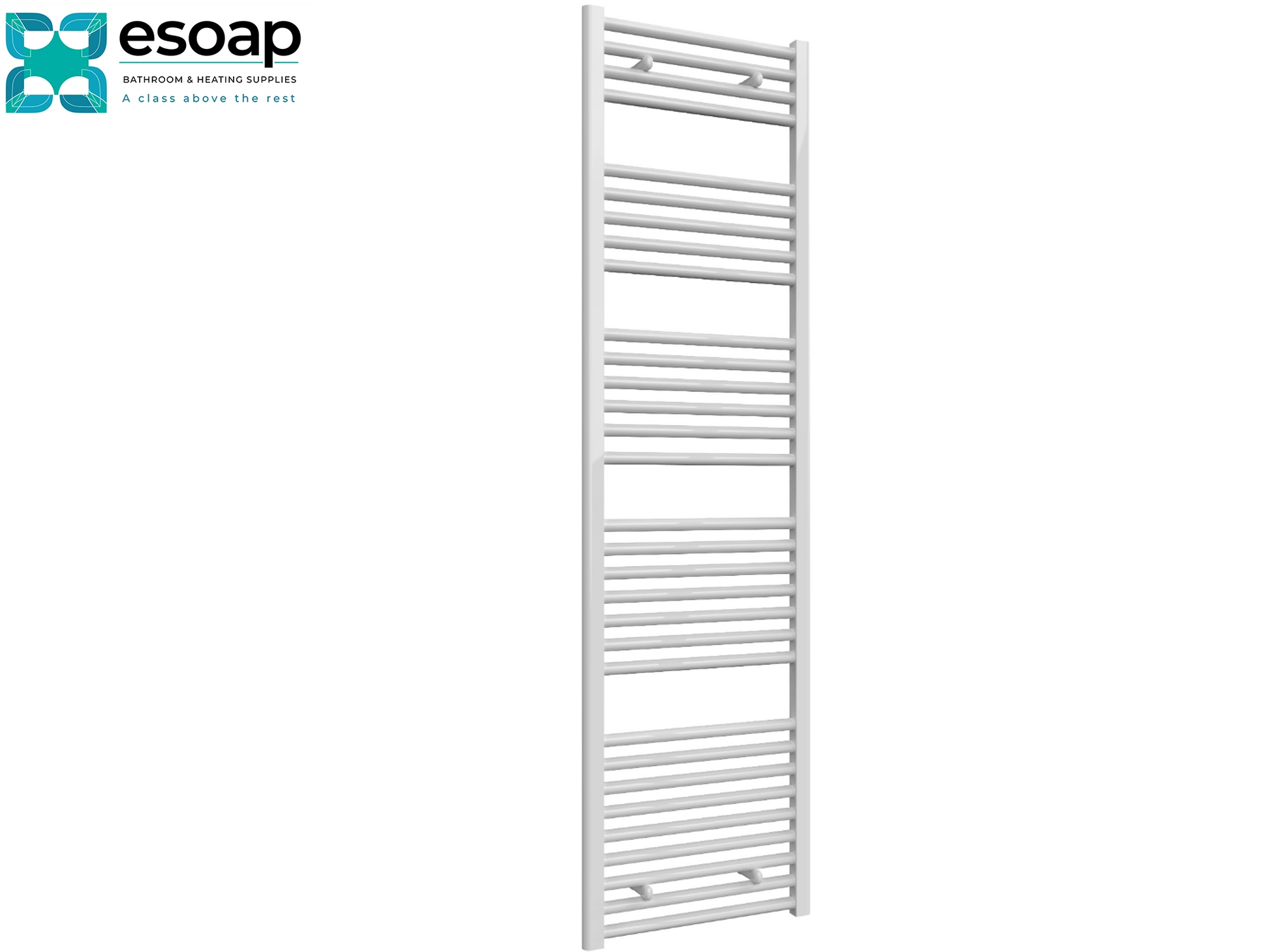 Diva White towel radiator 1800 x 500 on a white background with 'esoap' branding.