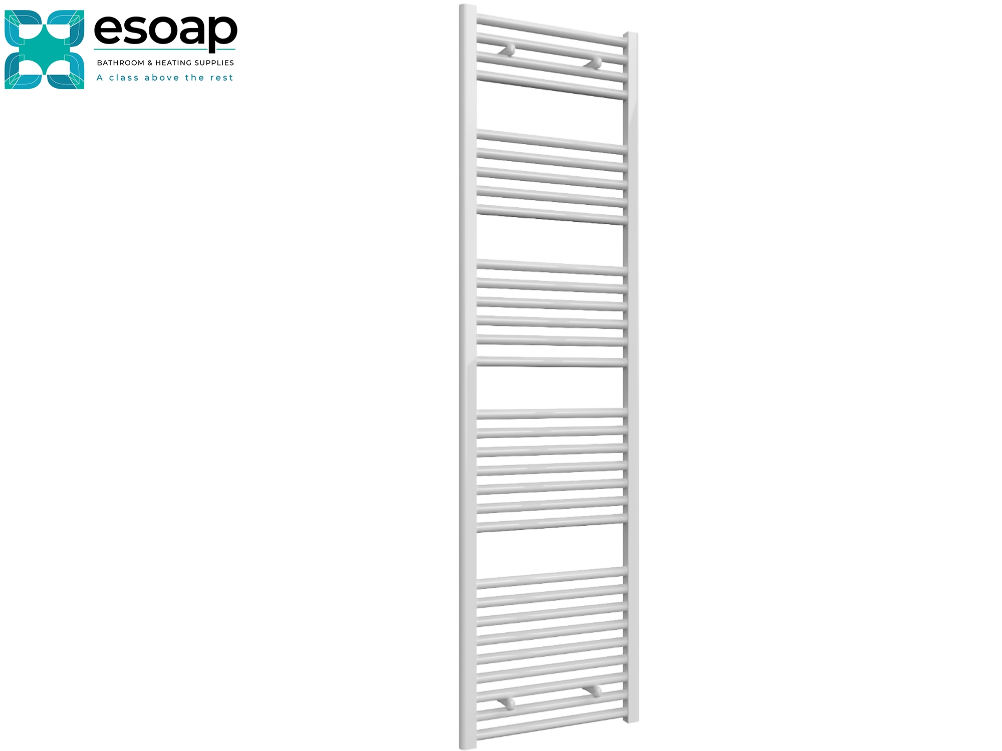 Diva White towel radiator 1800 x 500 on a white background with 'esoap' branding.