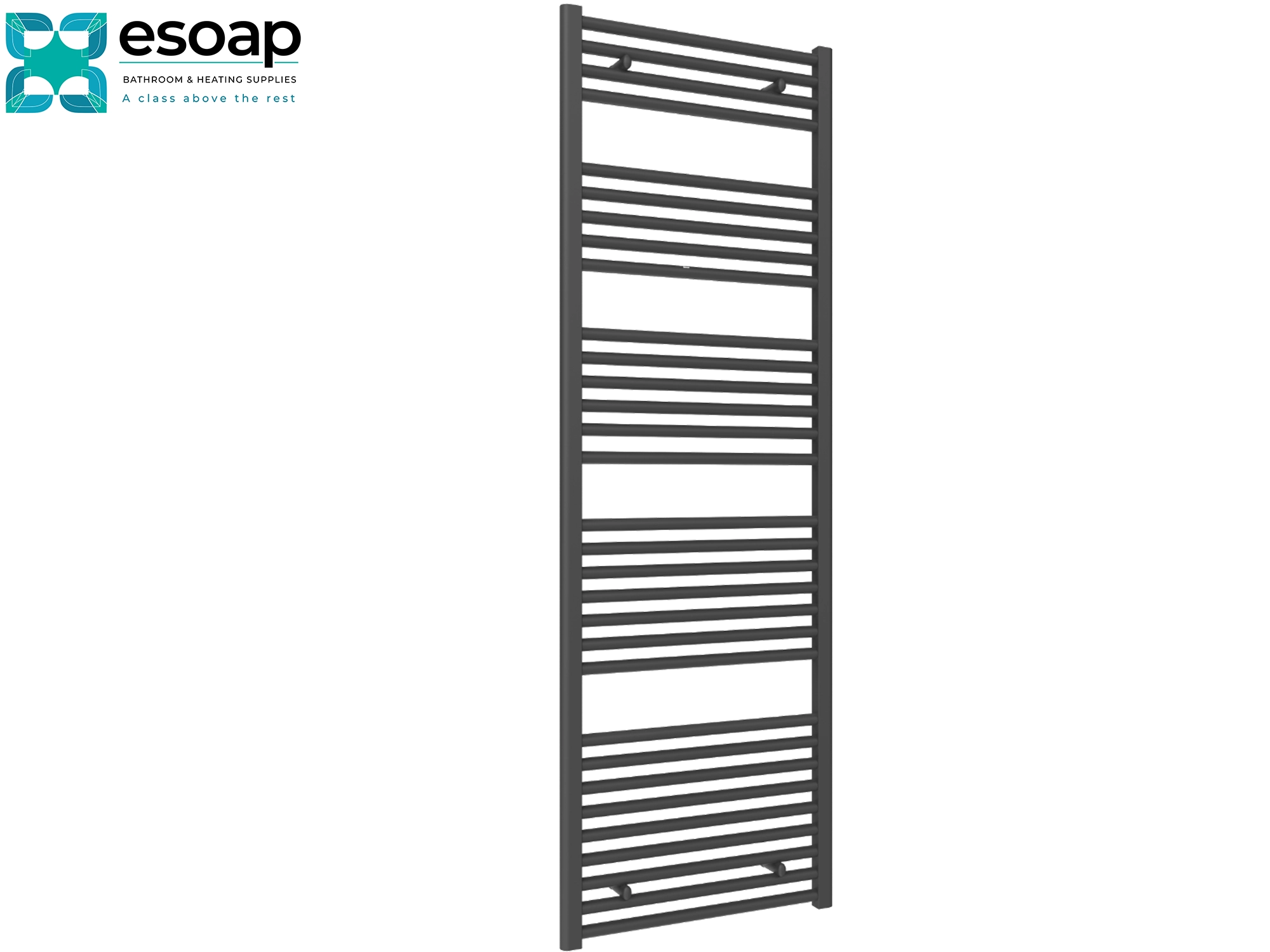 Diva anthracite Towel radiator with esoap branding on a white background