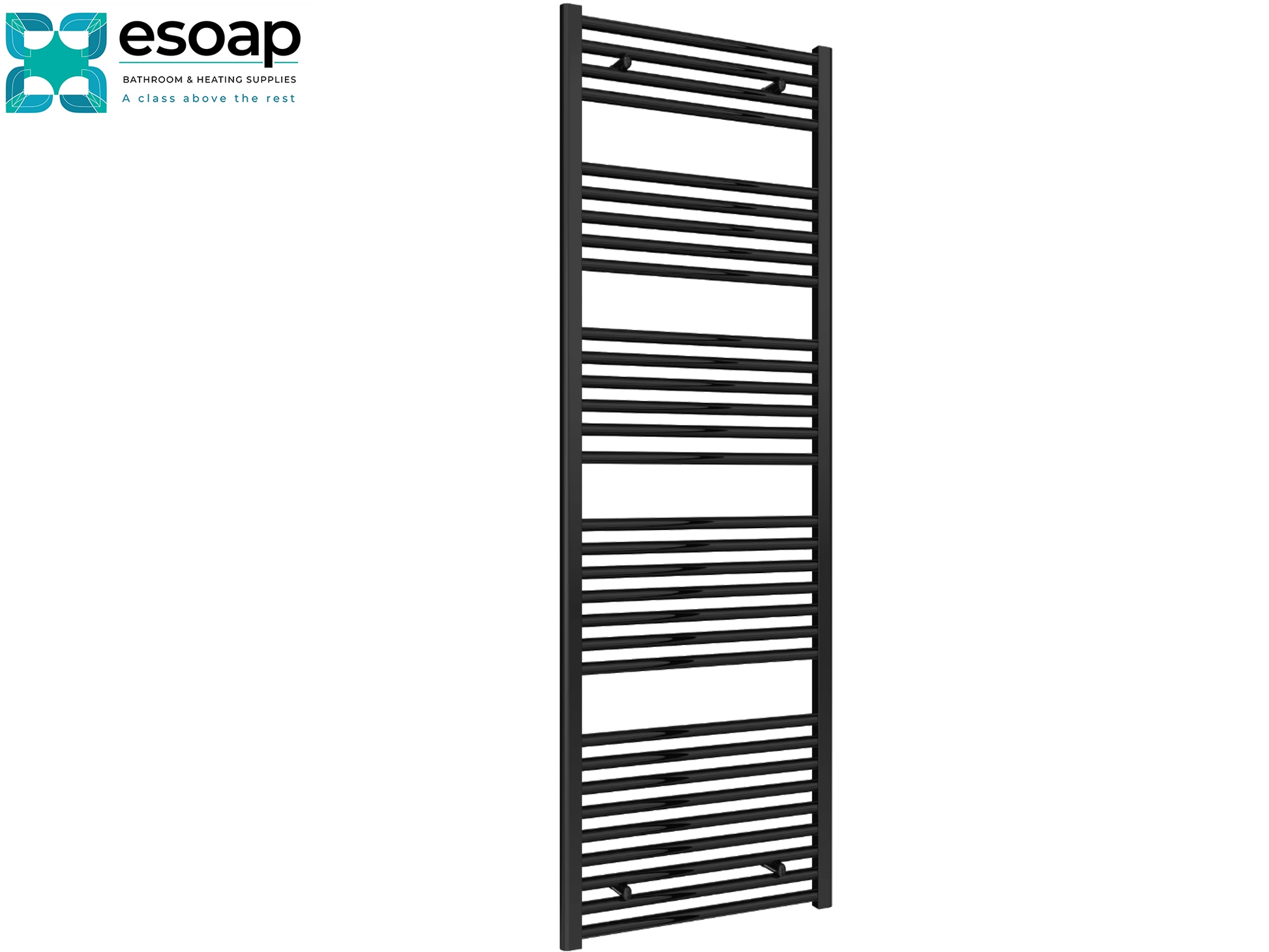Diva Black heated towel rail 1800 x 600 on a white background with 'esoap' branding.