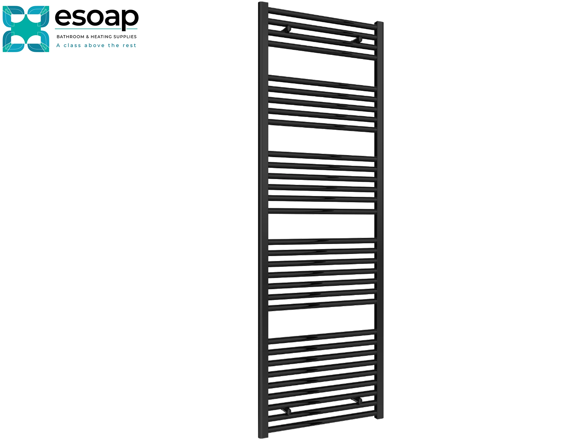 Diva Black heated towel rail 1800 x 600 on a white background with 'esoap' branding.